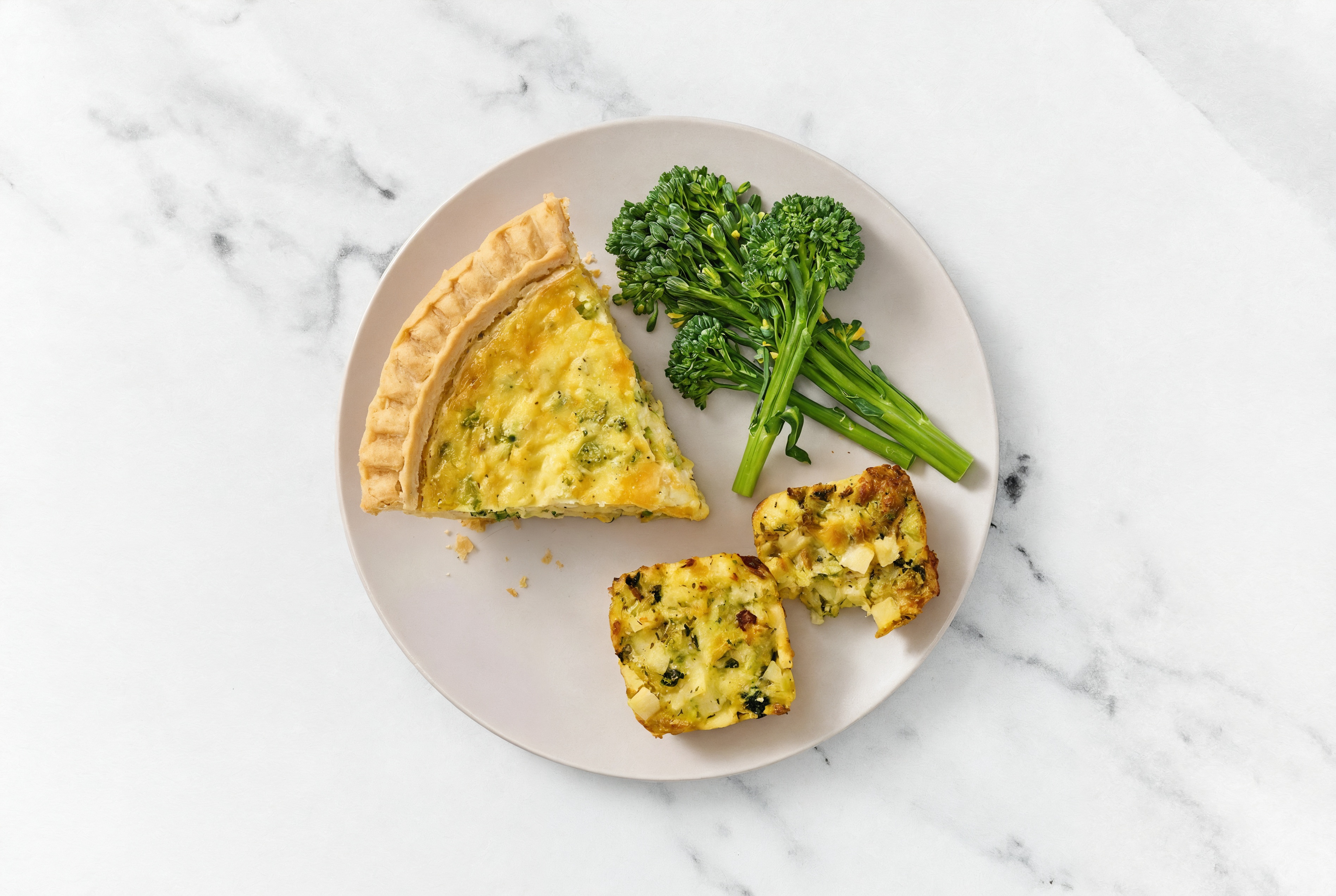 Broccoli & Cheddar Quiche with Baby Broccoli & Potato Bake