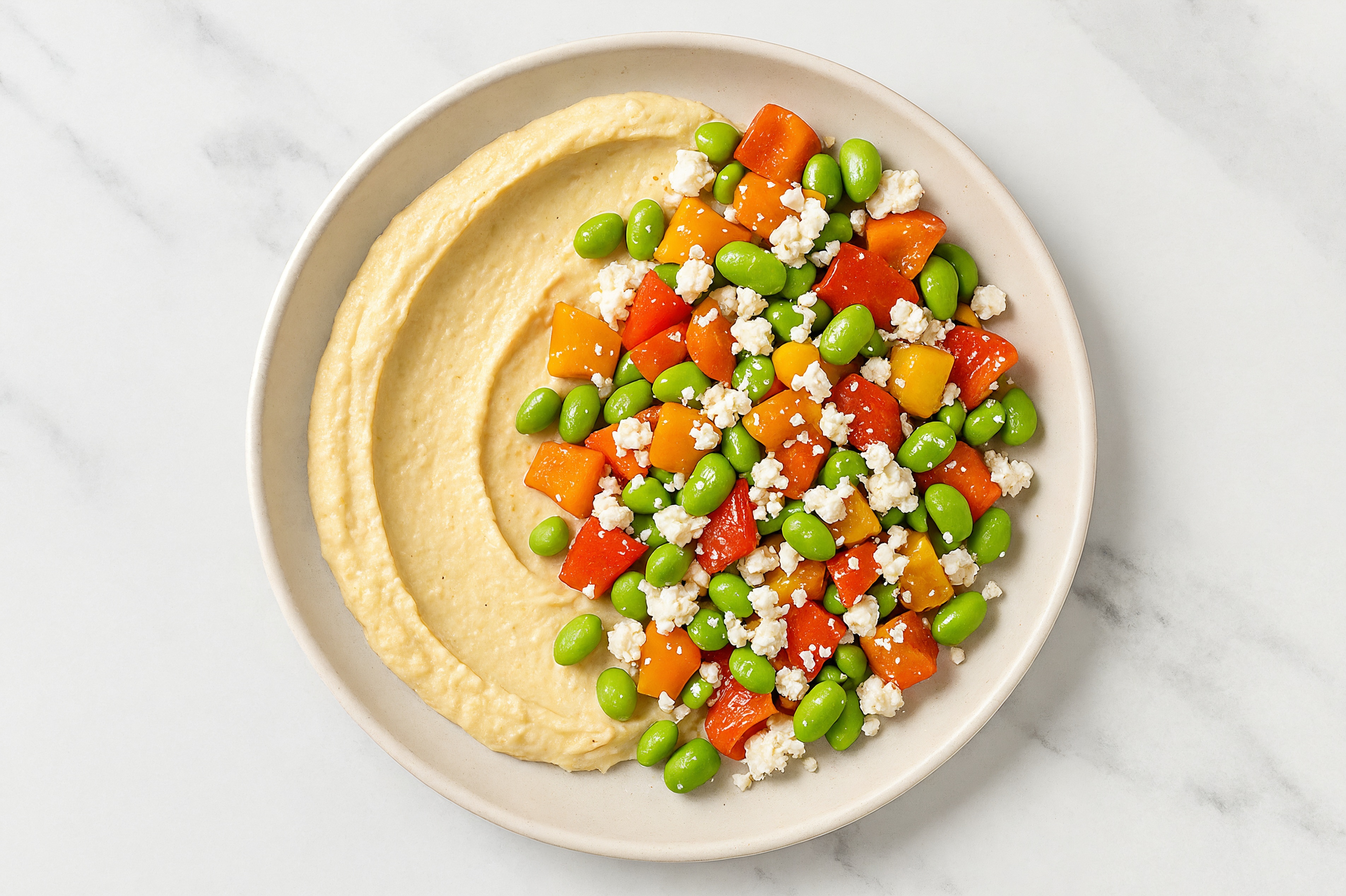Crumbled Chevre Sweet Pepper Edamame Bowl over Lemon Garlic Hummus