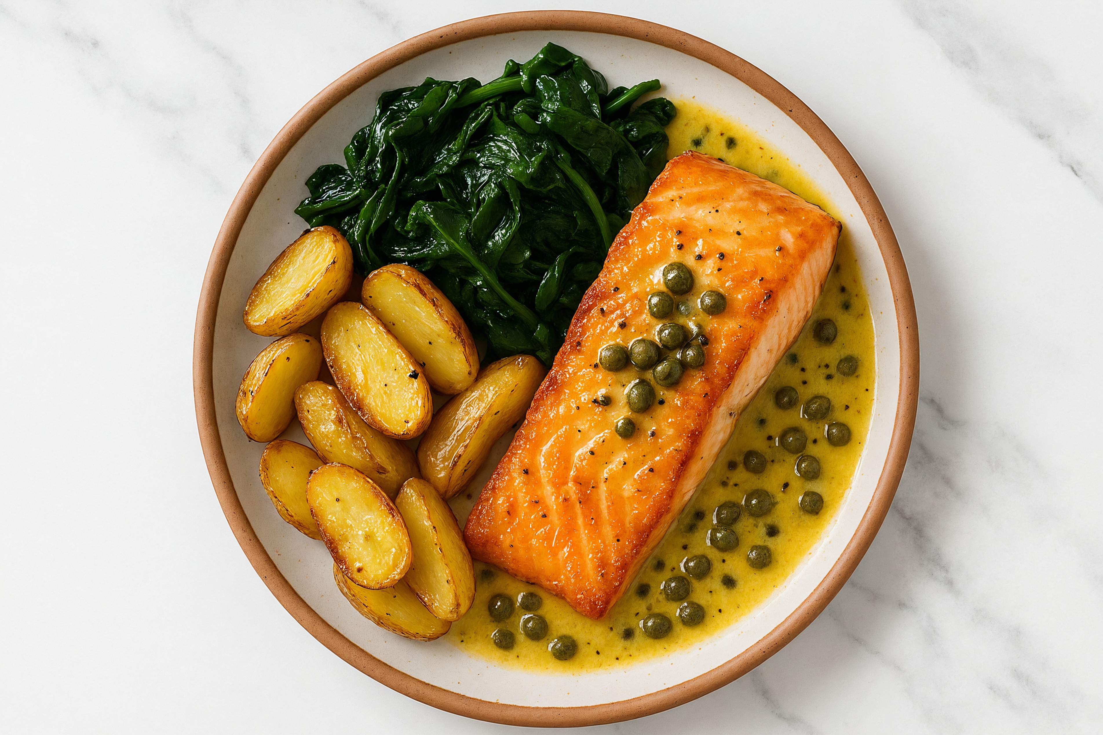Caper-Slow Churned Lemon & Peppercorn Pasture Butter Salmon with Fingerling Potatoes & Spinach