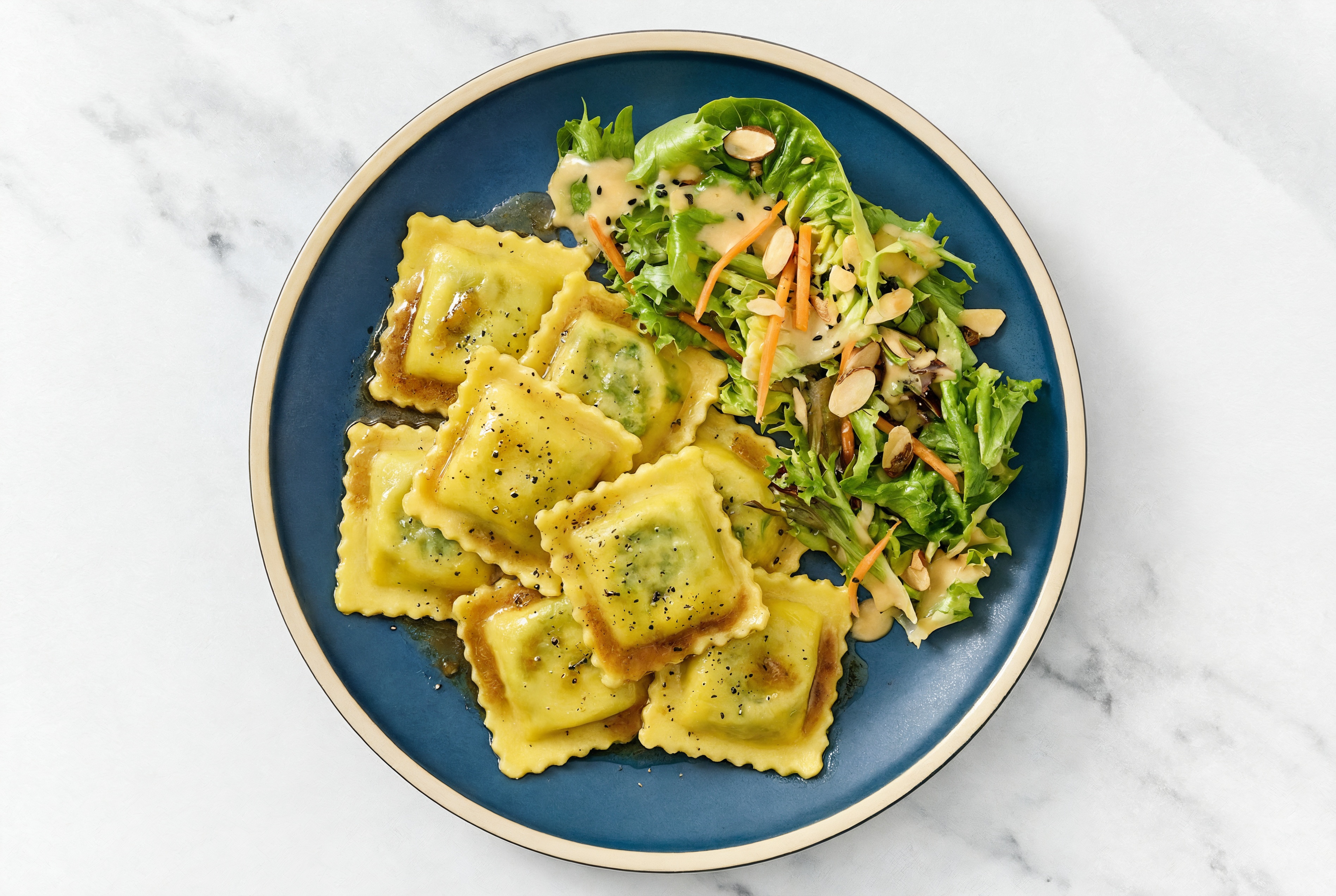 Herby  Brown Melt Organic Cold-Pressed Plant Butter Spinach Ricotta Ravioli + Side Salad