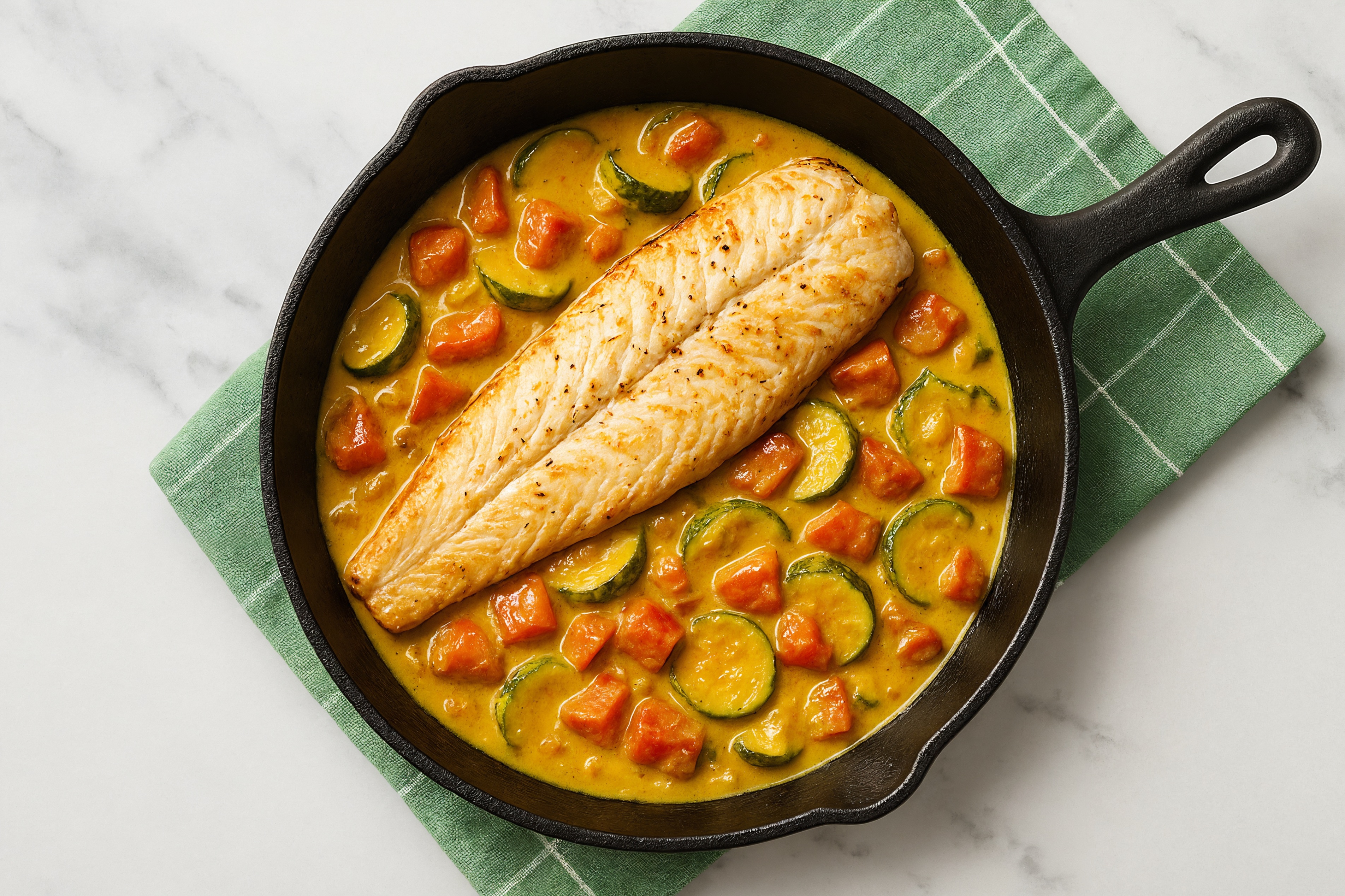 Steelhead Trout in Coconut Curry Sauce with Zucchini + Red Bell Organic Pepper