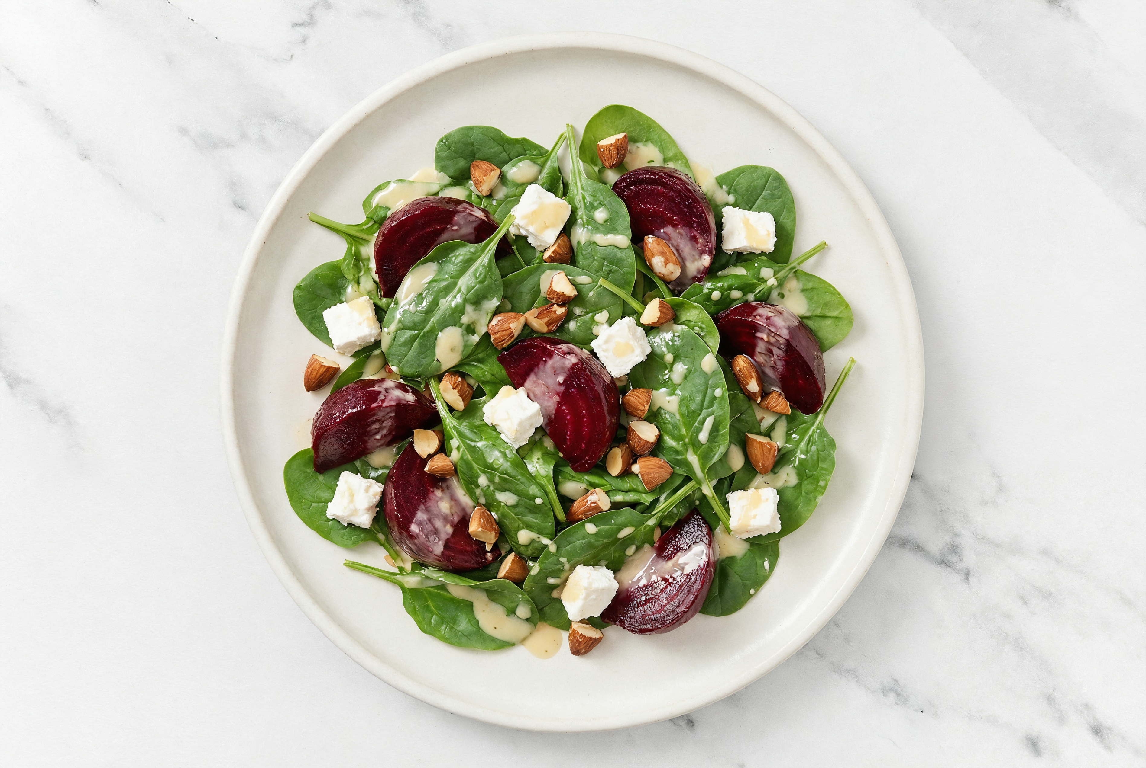 Beet + Feta Spinach Salad with Miso Caesar Dressing & Drizzle