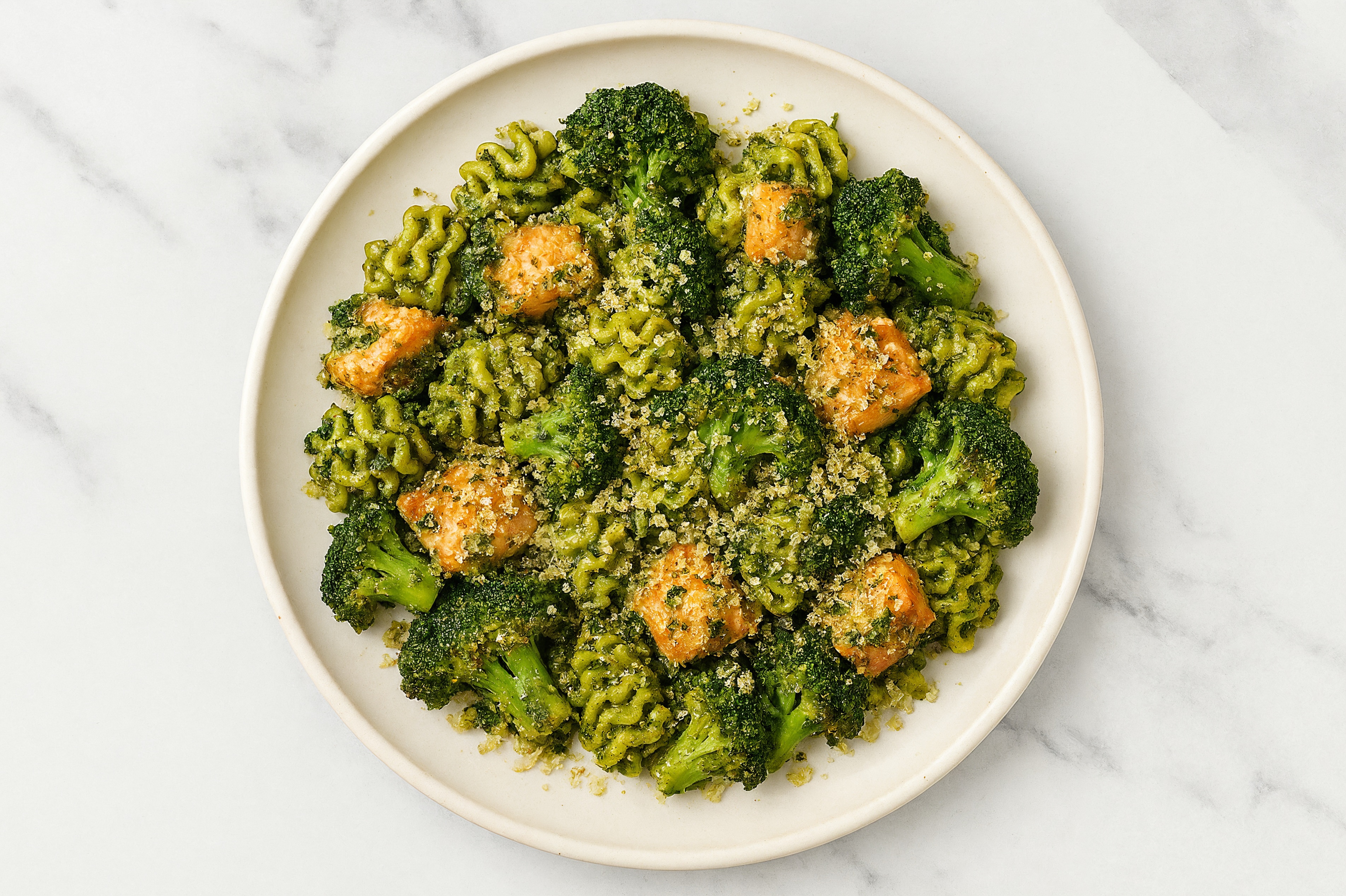 Super Green Salmon Radiatori Pasta with Broccoli + Toasted Panko
