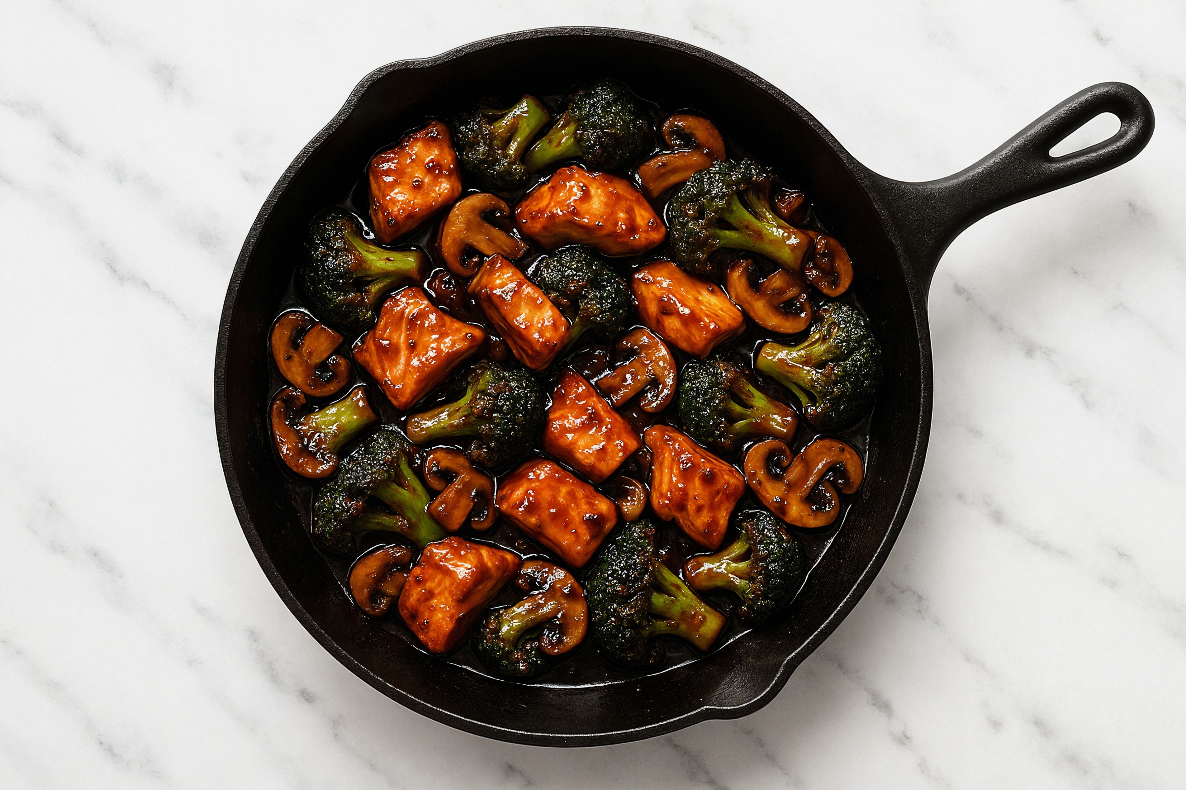 Japanese BBQ Salmon + Mushroom Stir-Fry with Broccoli Florets