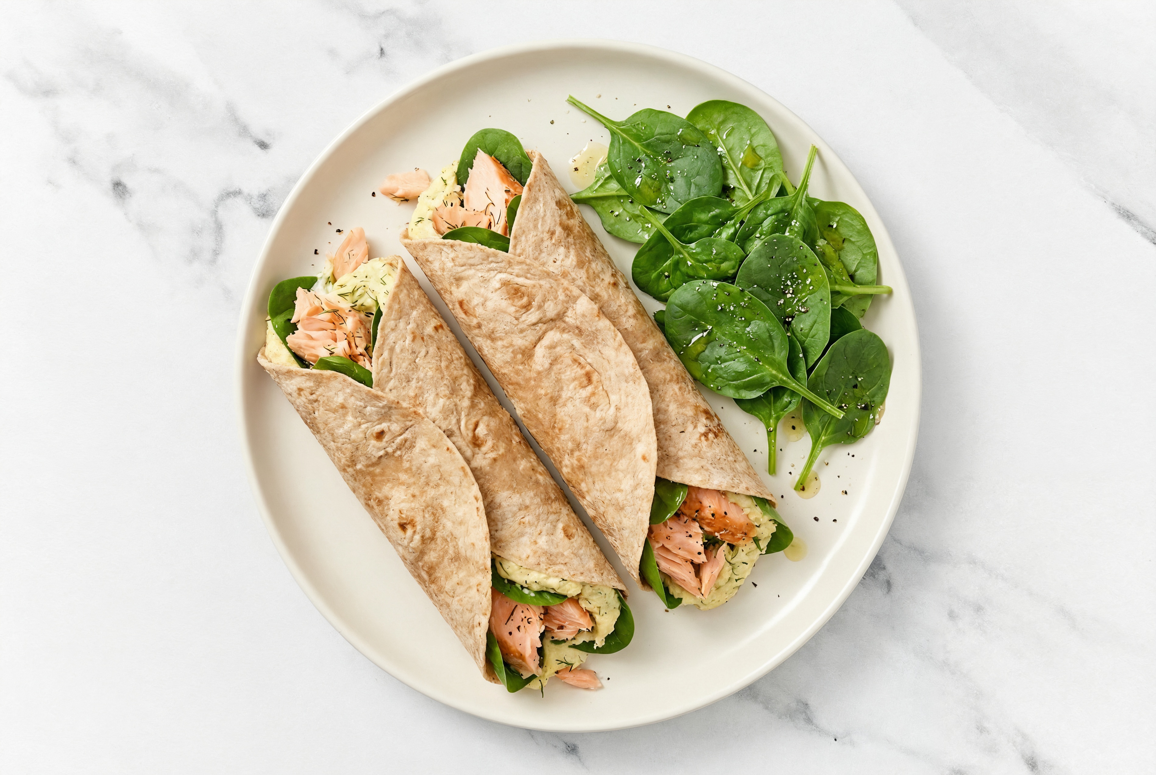 Whole Grain Salmon + Lemon Dill Hummus Wrap with Baby Spinach