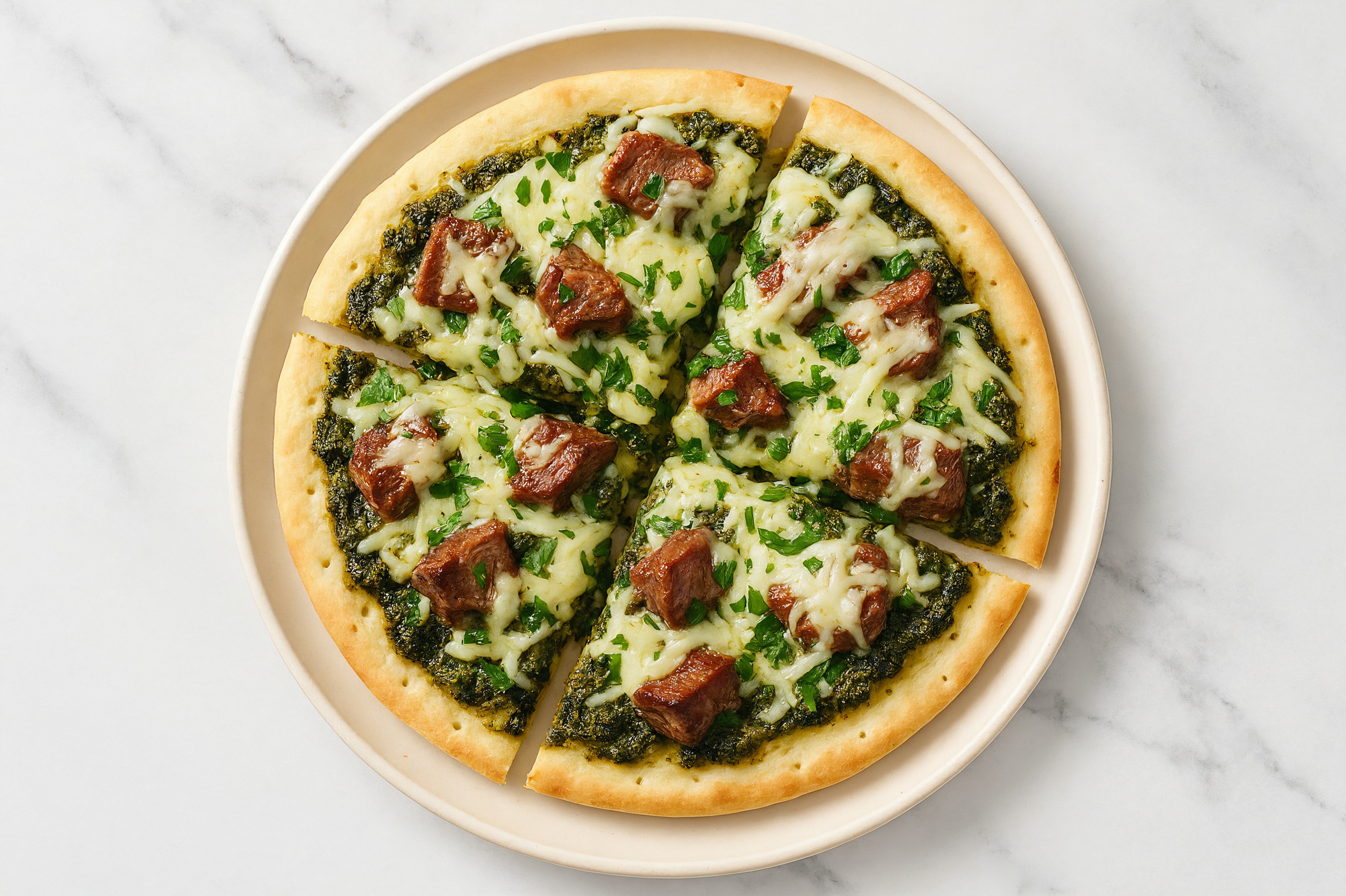 Super Green Filet Mignon Pizza with "Mozzarella" + Fresh Parsley