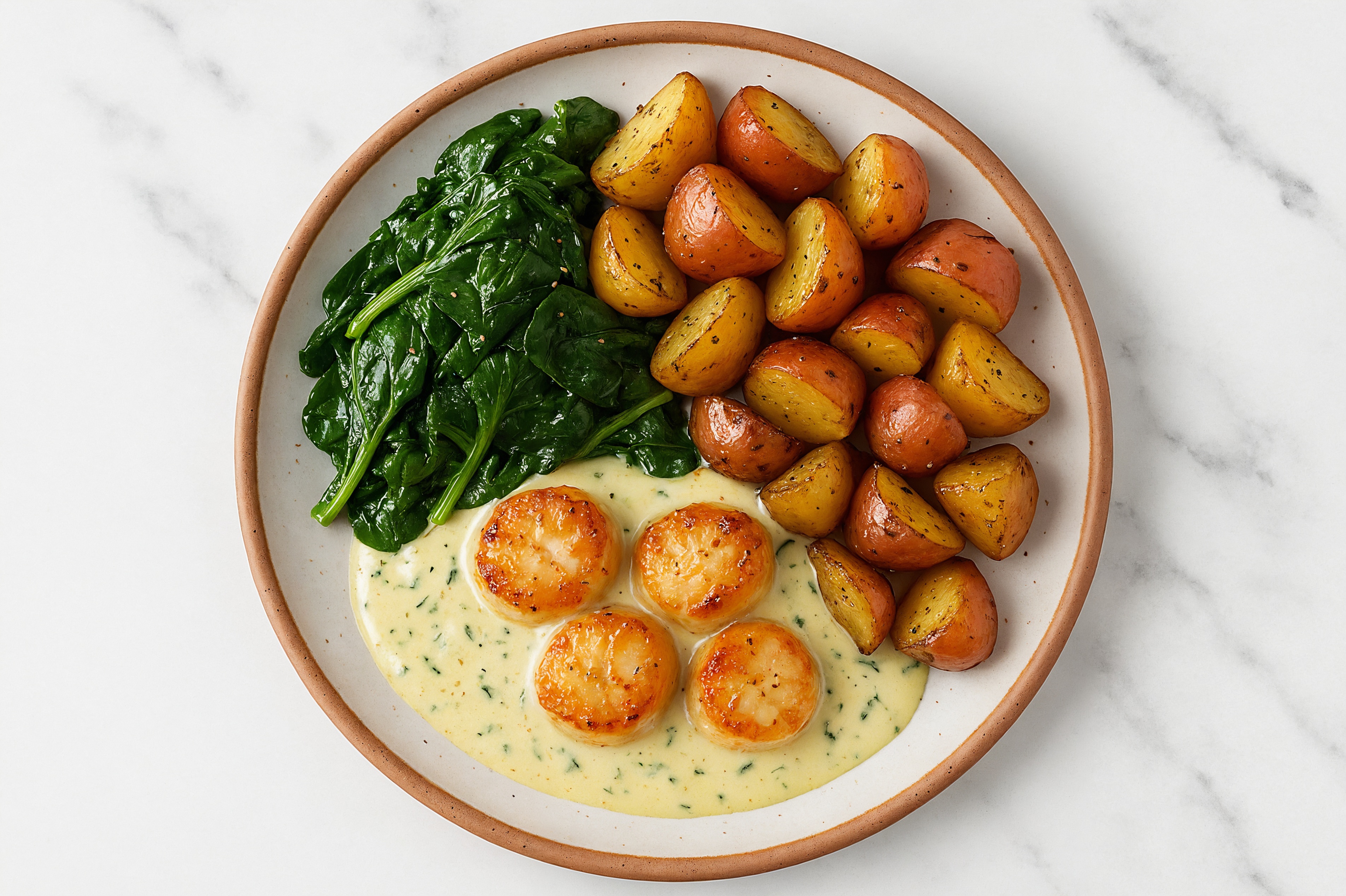 Herb Cream Seared Scallops + Baby Spinach