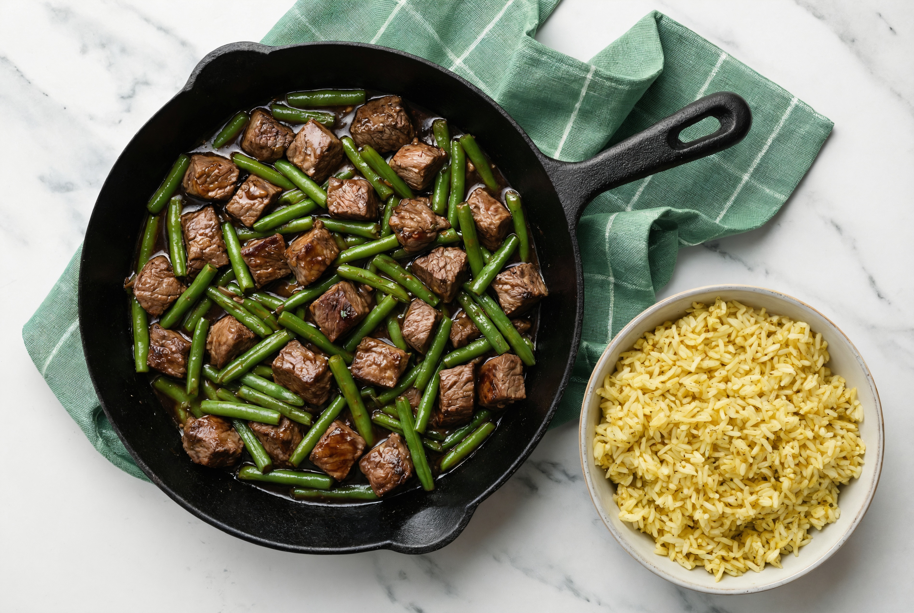 Teriyaki Beef Filet Stir-Fry with Green Beans over Jasmine Rice