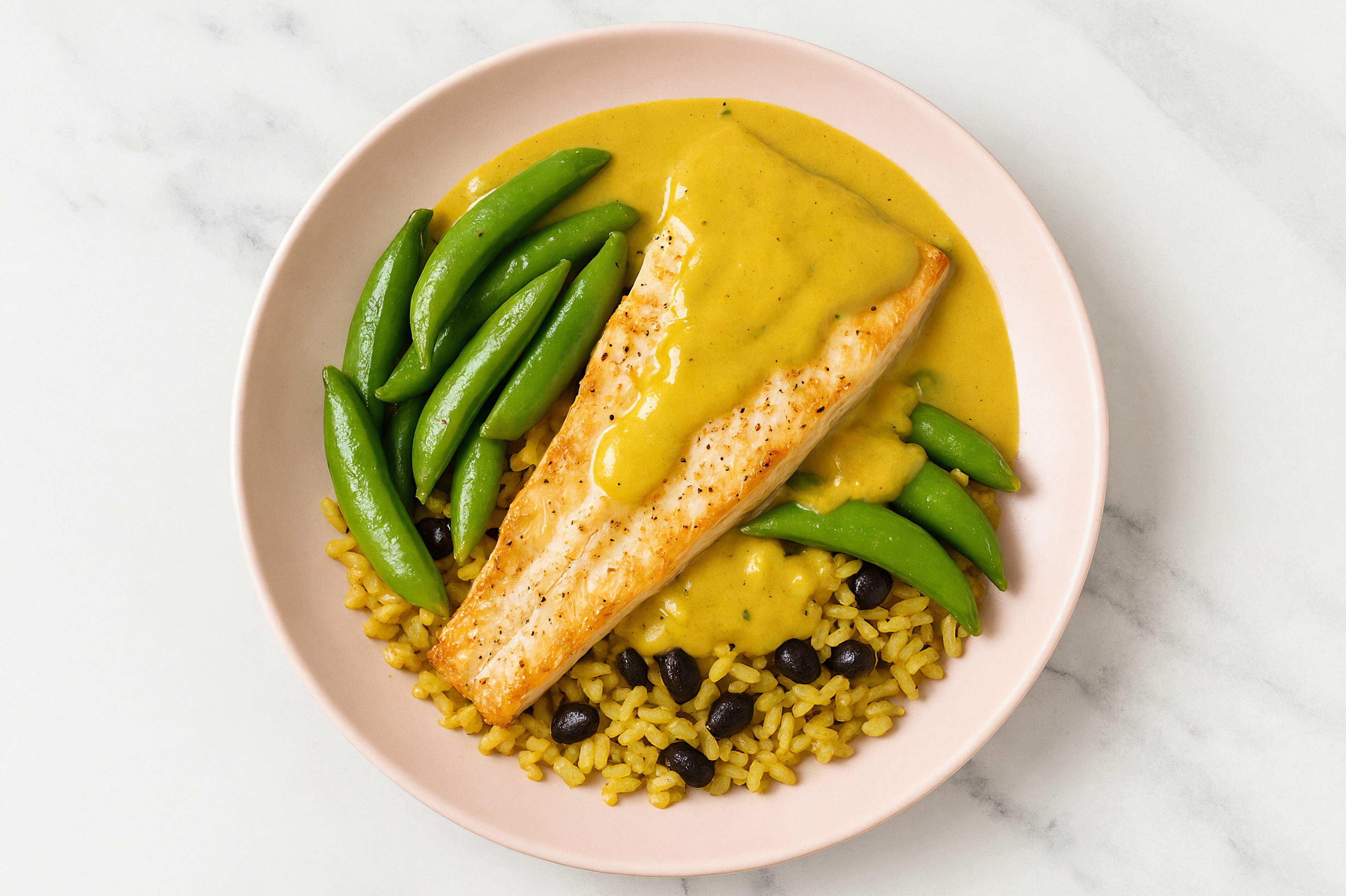 Curry Trout + Seasoned Rice Bowl with Snap Peas