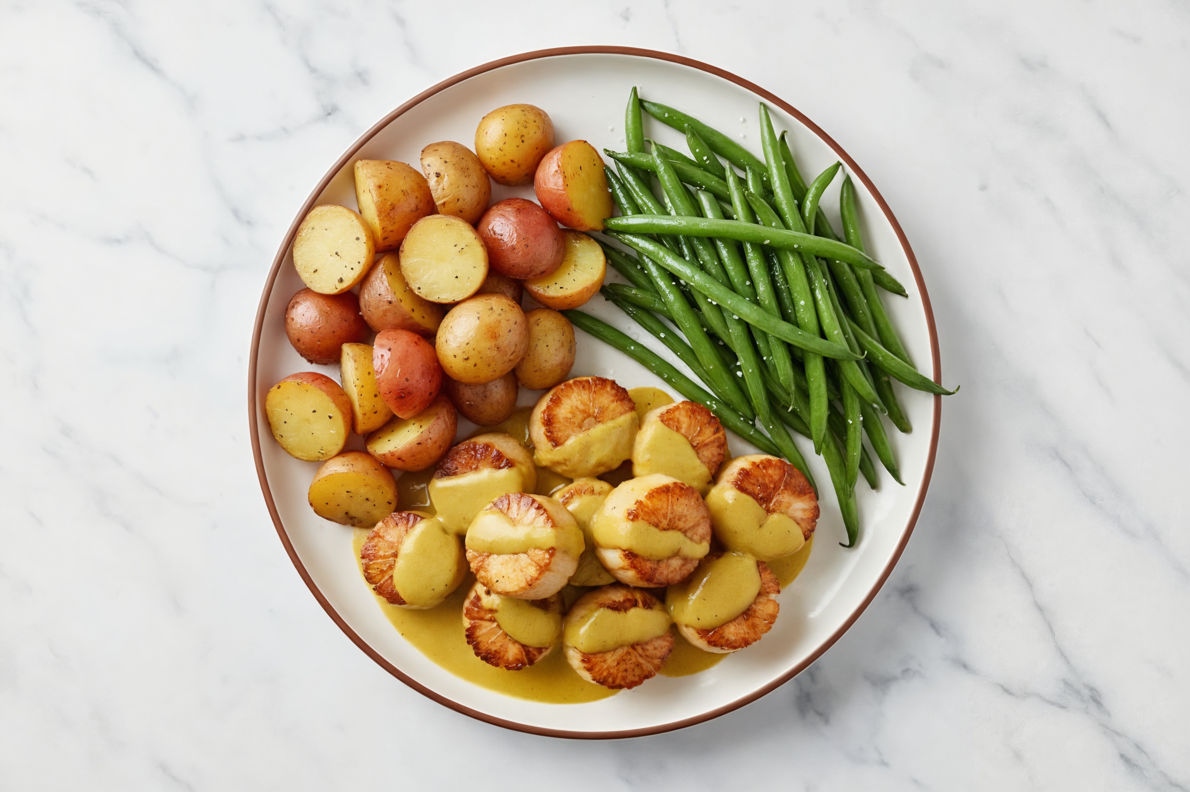 Curry Scallops with Creamer Potatoes & Organic Green Beans