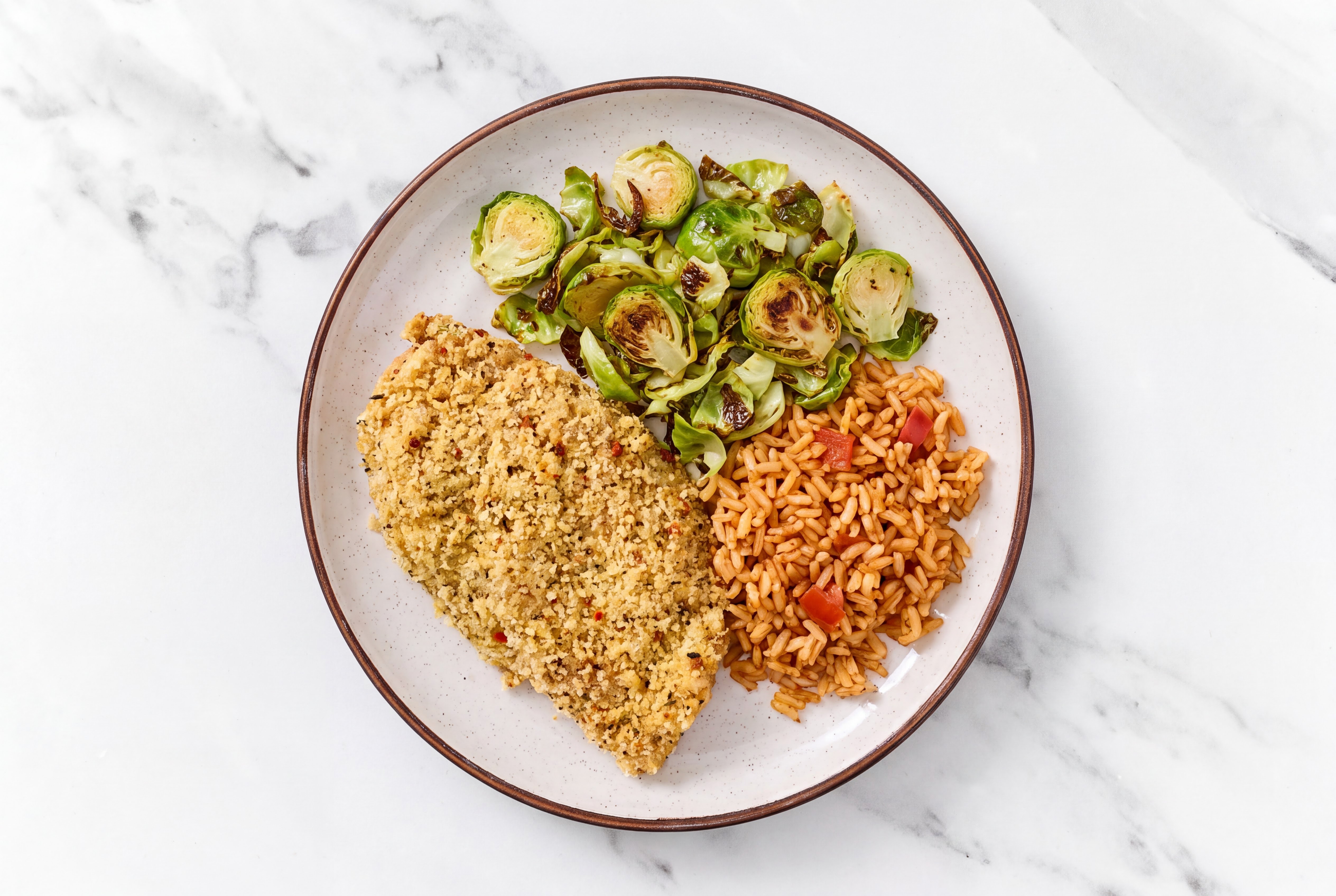 Parmesan Breaded Chicken Cutlet with Brussels Sprouts & Mexican Rice