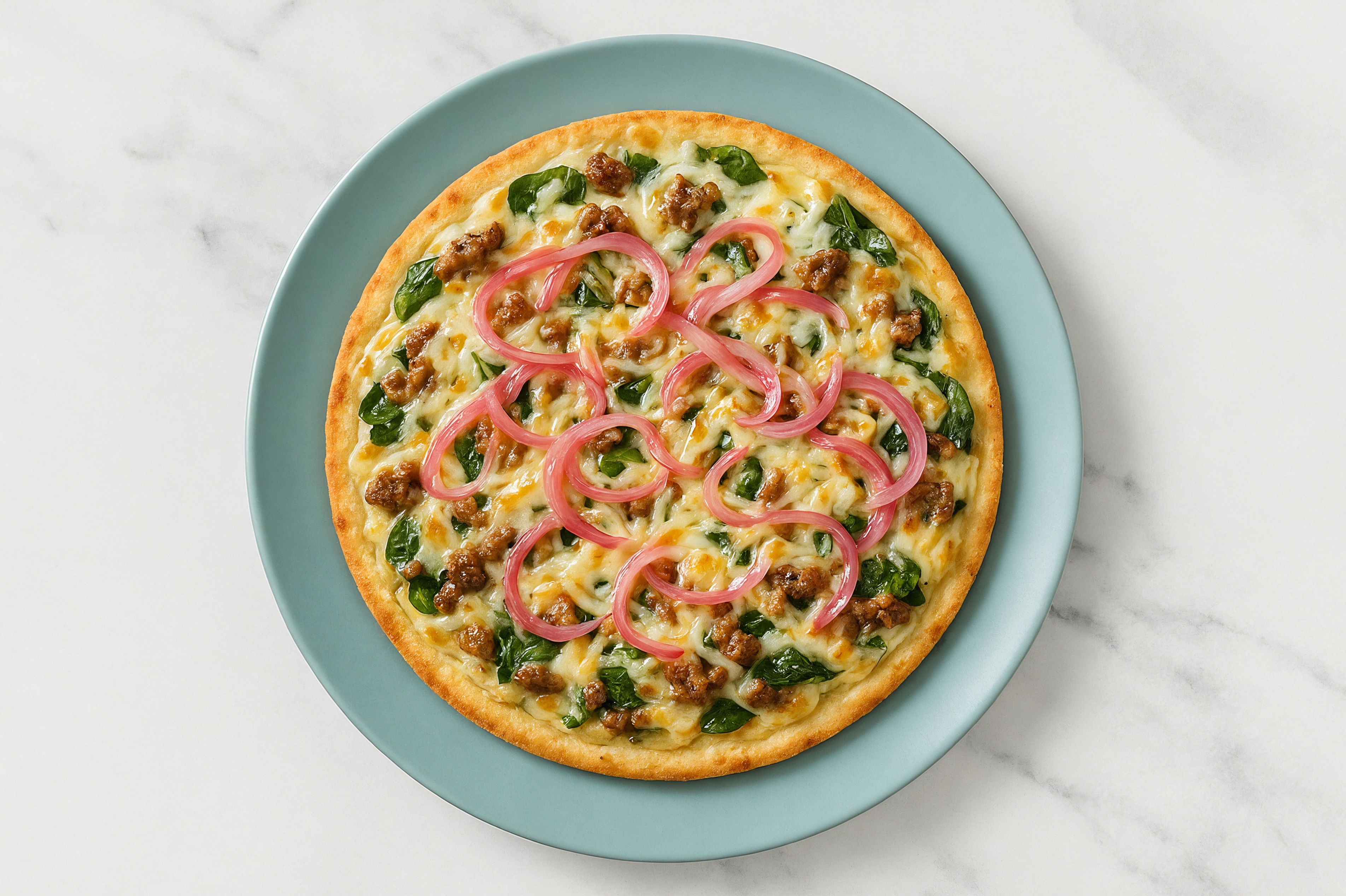 Truffle Ground Beef + Spinach Gluten-Free Pizza with Pickled Onion