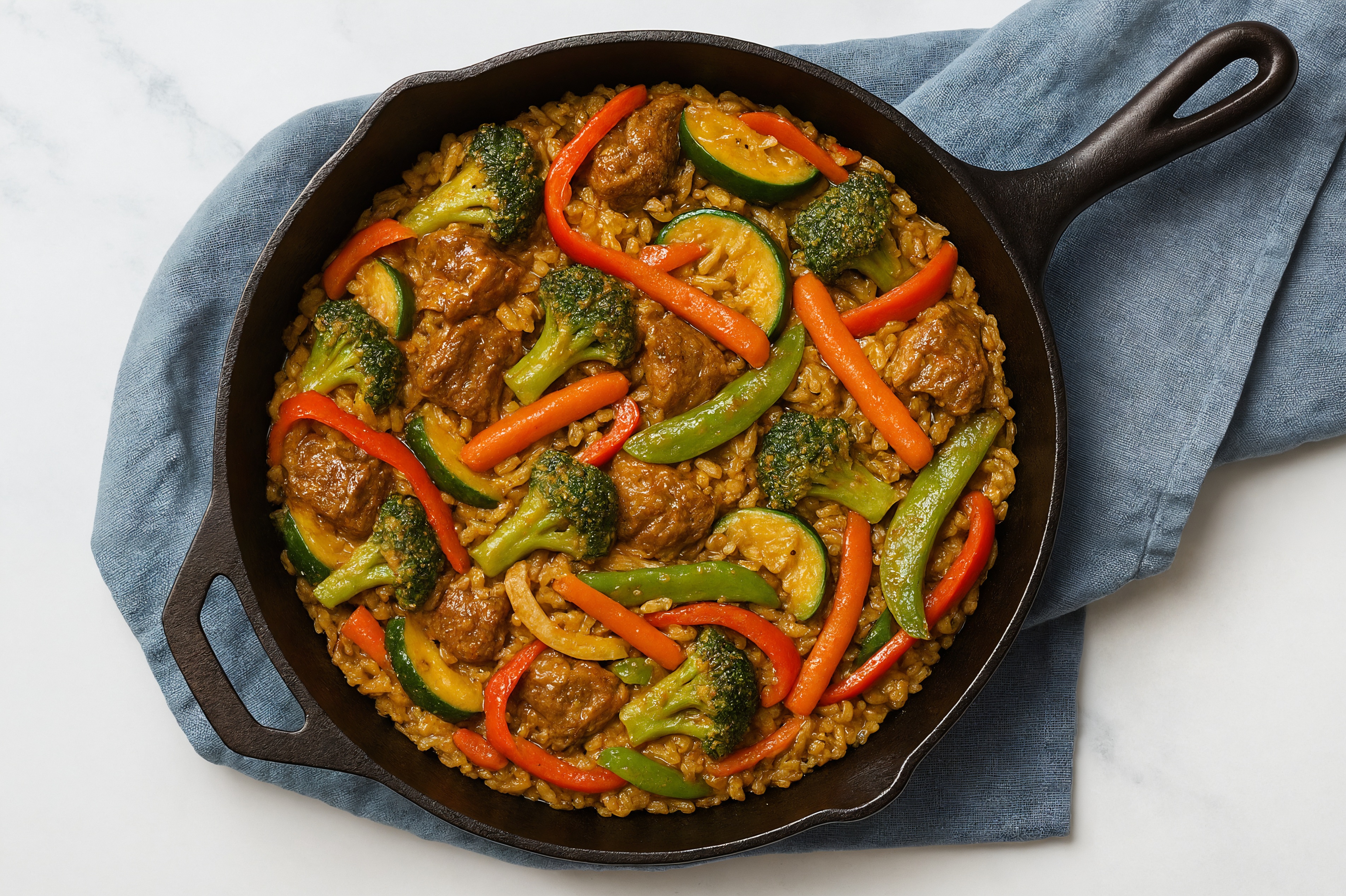 Thai Peanut Veggie + Lamb Stir-Fry with Seasoned Jasmine Rice