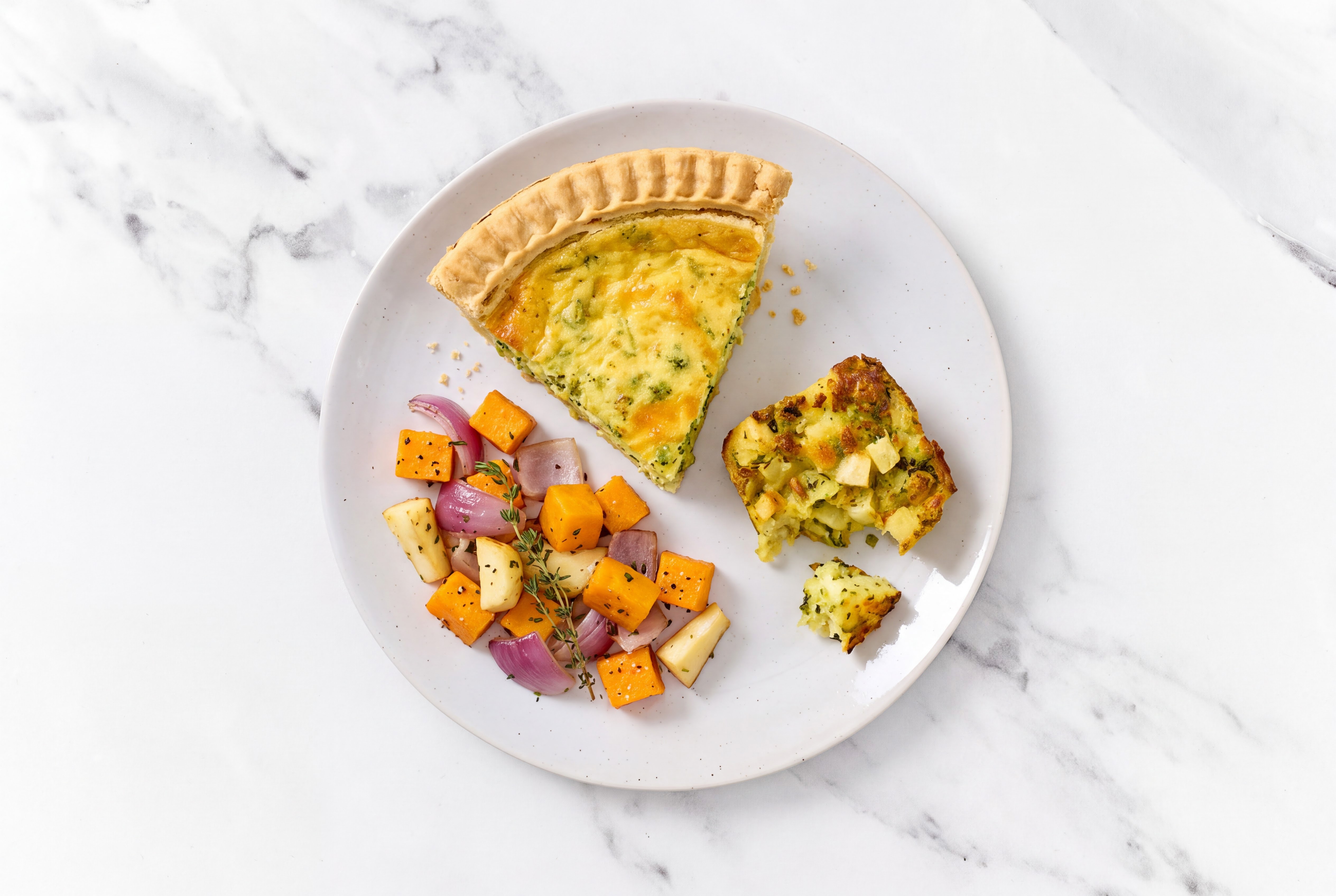Broccoli & Cheddar Quiche with Roasting Veggies & Potato Bake