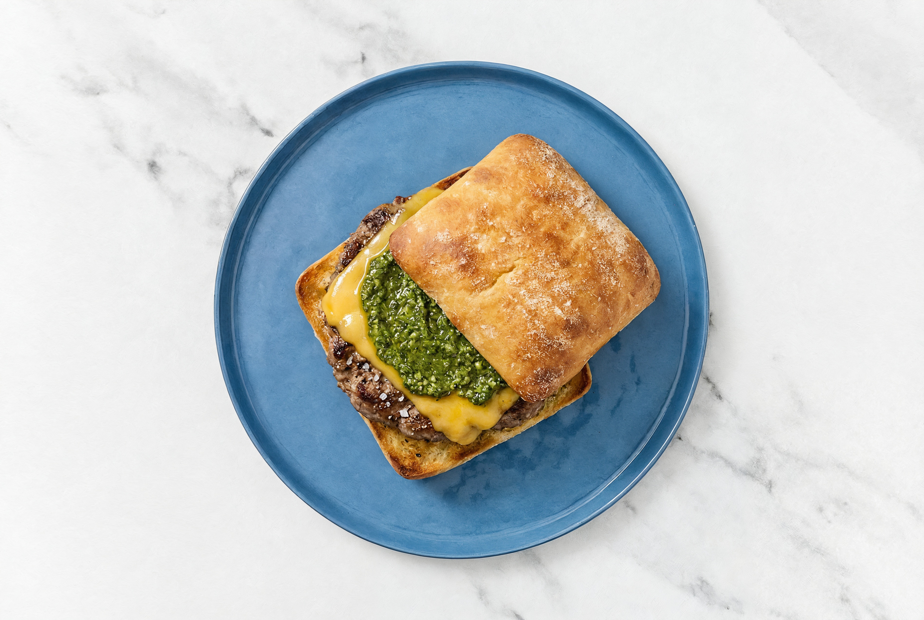 Beef Burger on Ciabatta with Spinach Pesto & Cheddar