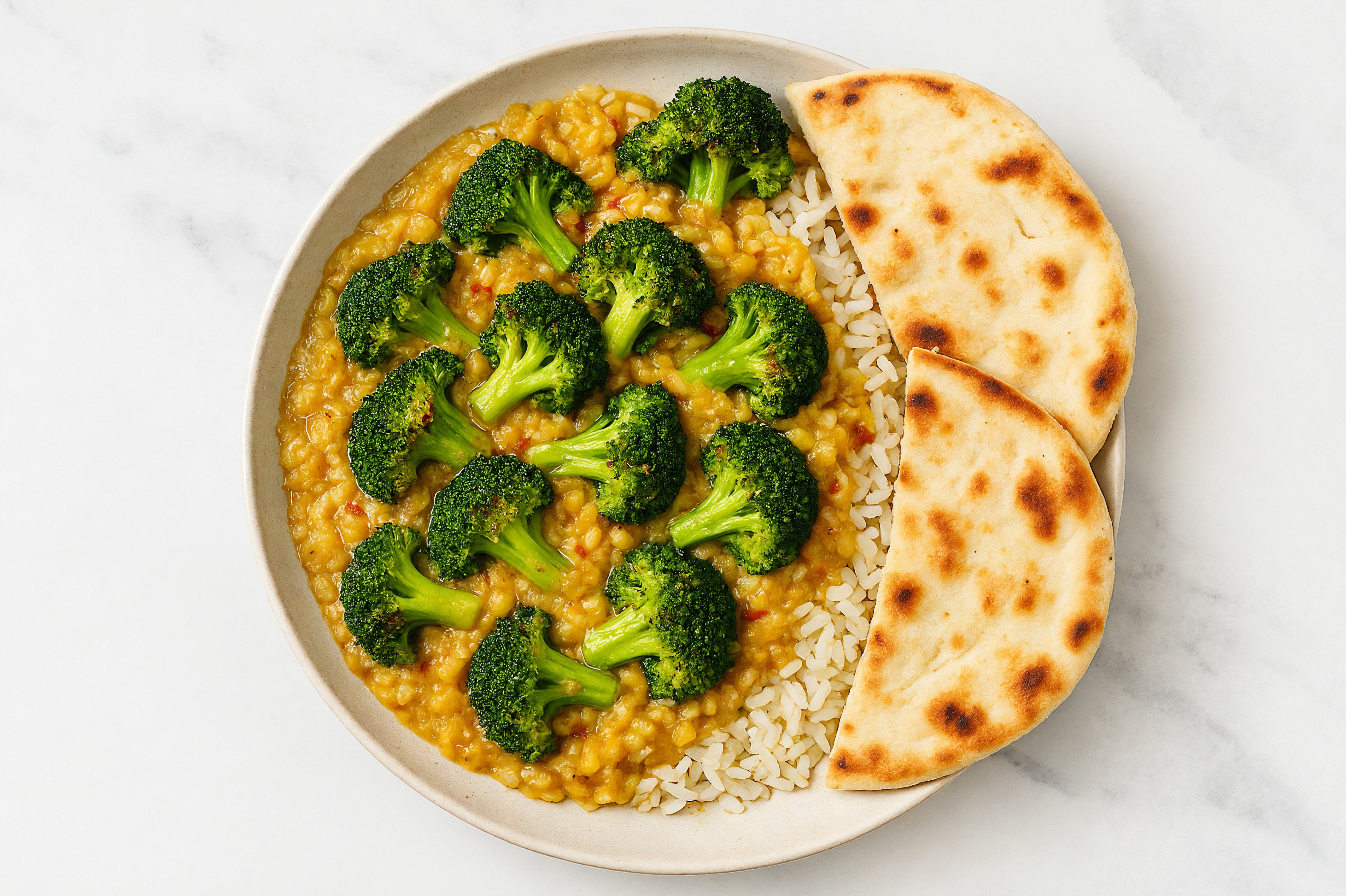 Broccoli Florets + Red Lentil Dal Long Grain White Rice Bowl with Naan