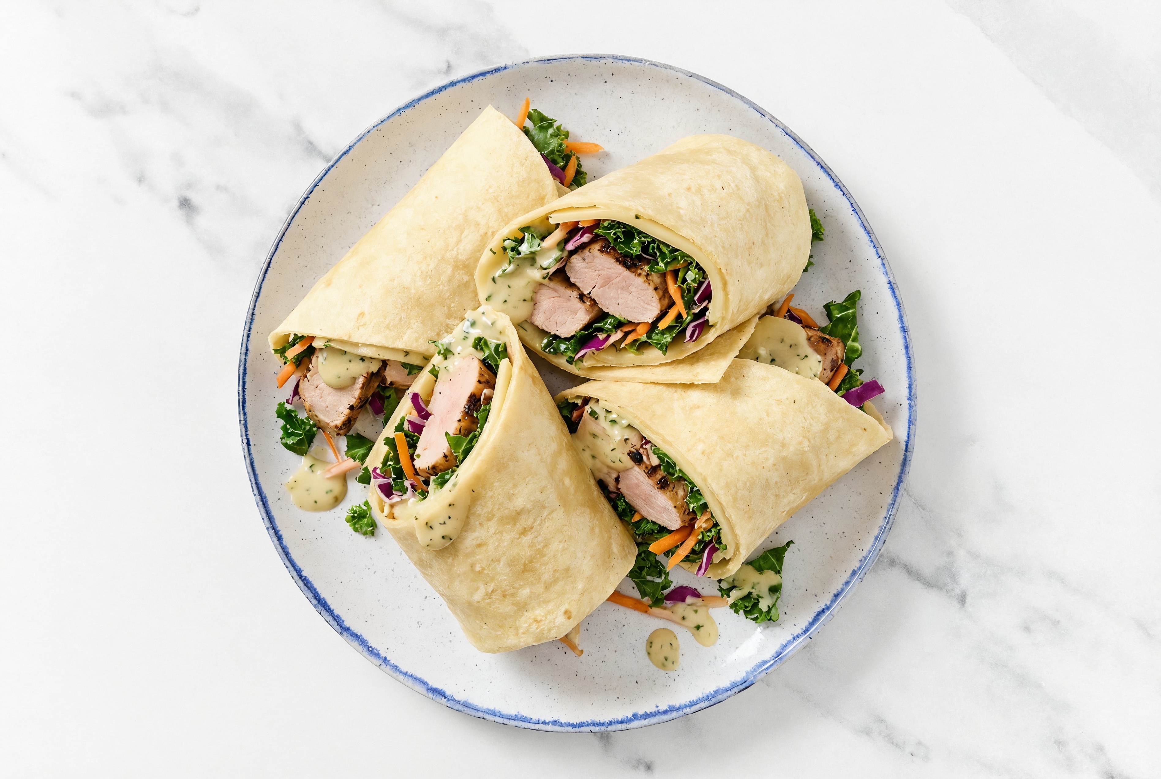 Herby Pork Tenderloin + Havarti Tortilla Wraps with Rainbow Veggies