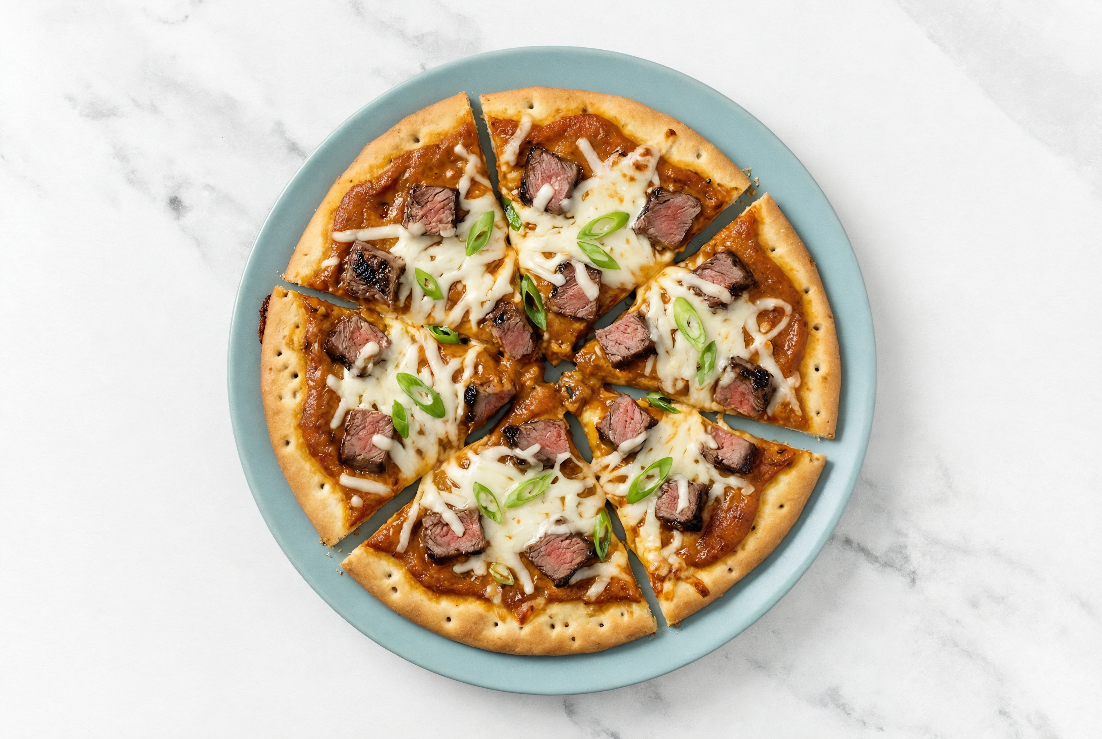 Spiced Tikka Wagyu Ribeye Pizza with "Mozzarella" + Fresh Scallions