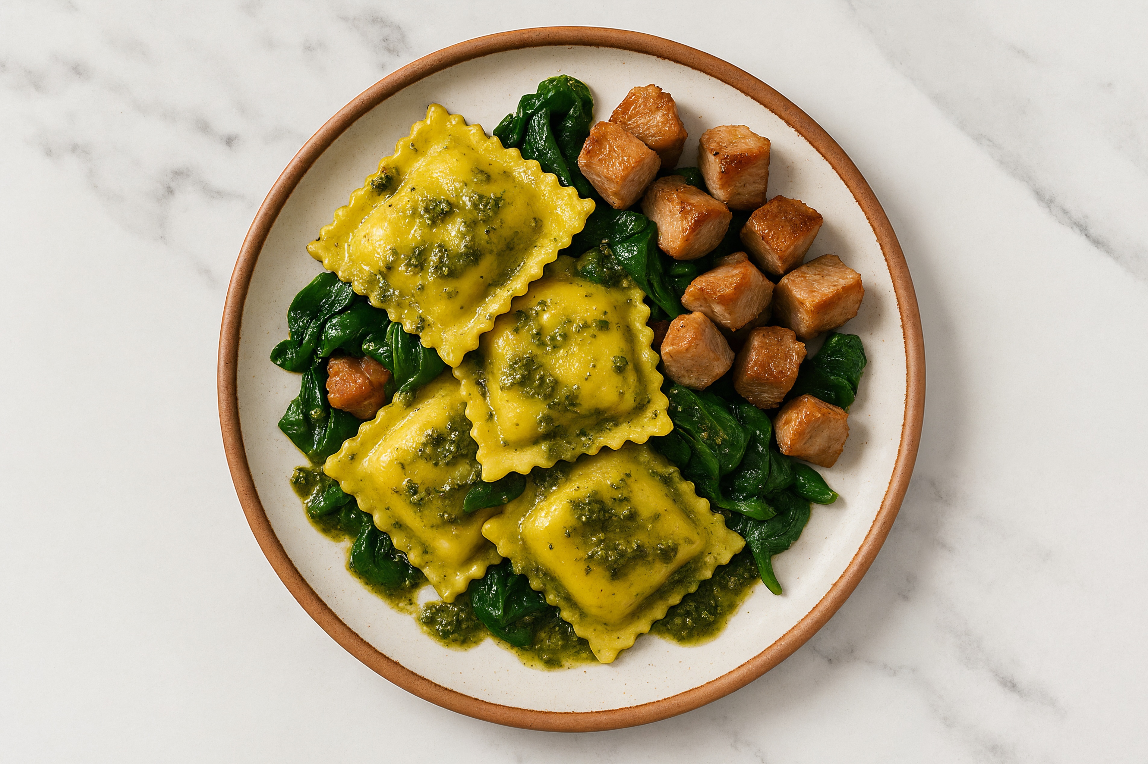 Spinach Pesto Ricotta Ravioli with Pork Chops & Spinach
