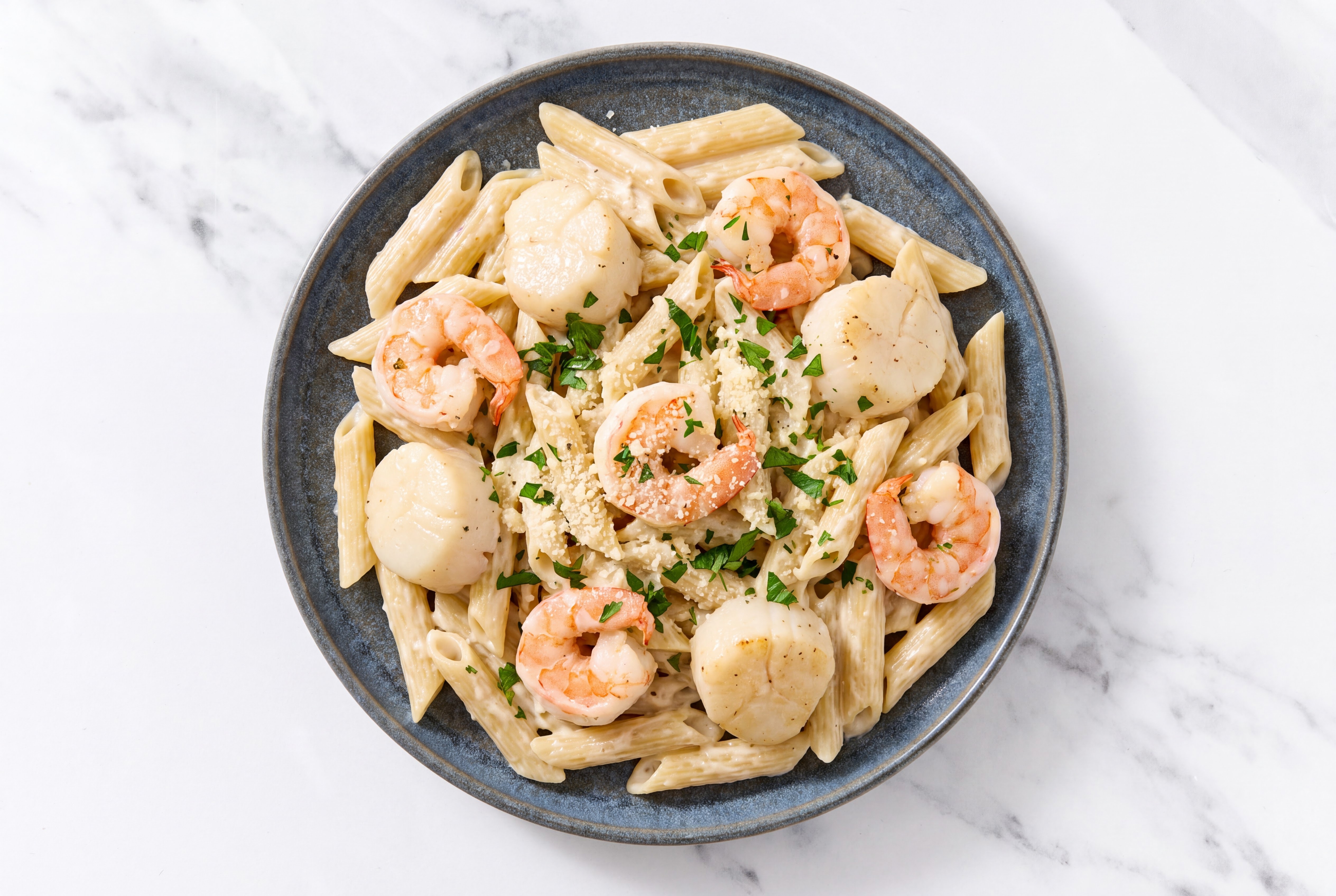  Shrimp + Scallop Pasta Alfredo with Sourdough Penne Rigate