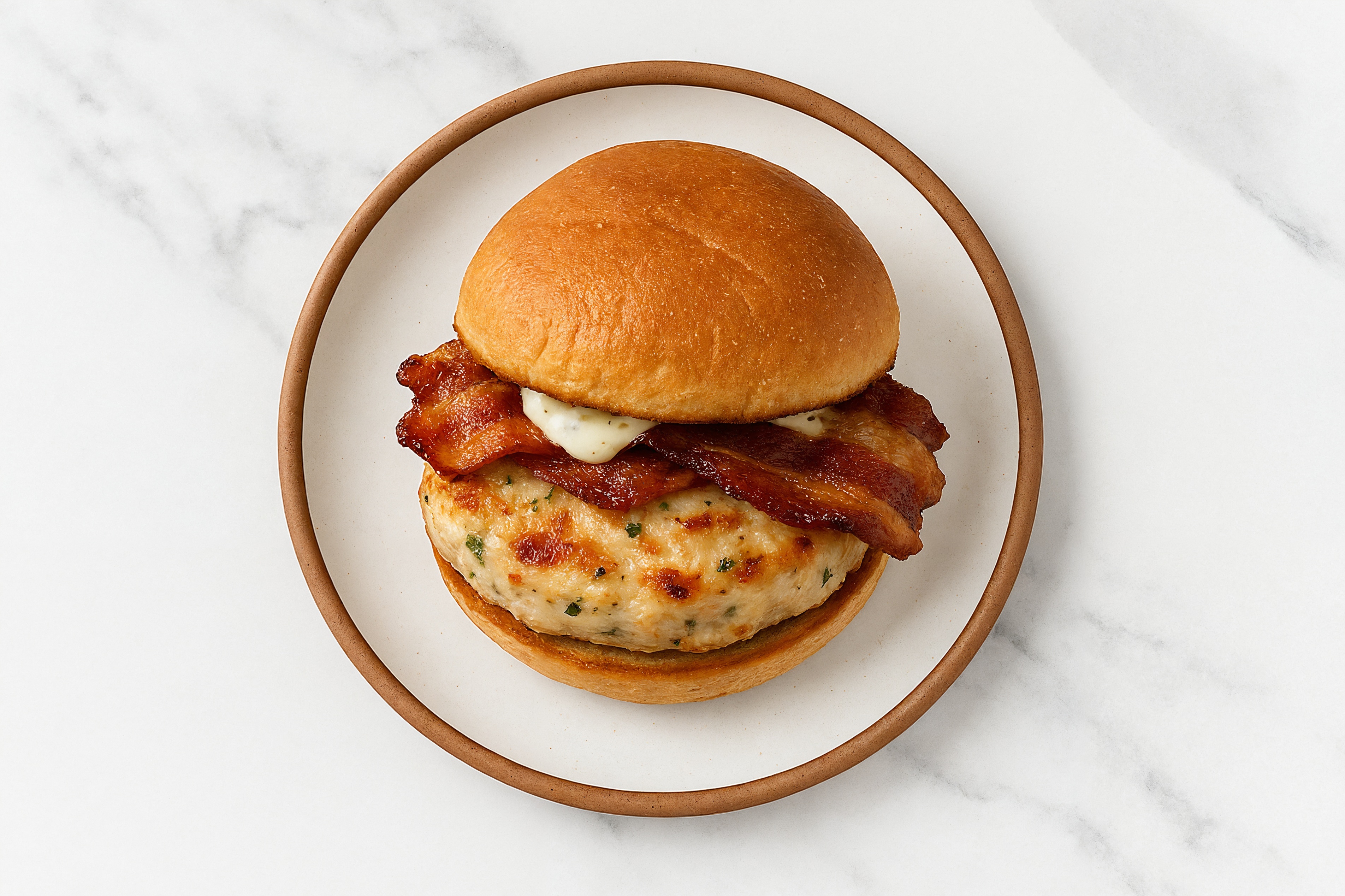 Garlic Chicken Burger on Gluten-Free Bun with Garlic Sauce & Smoked Bacon