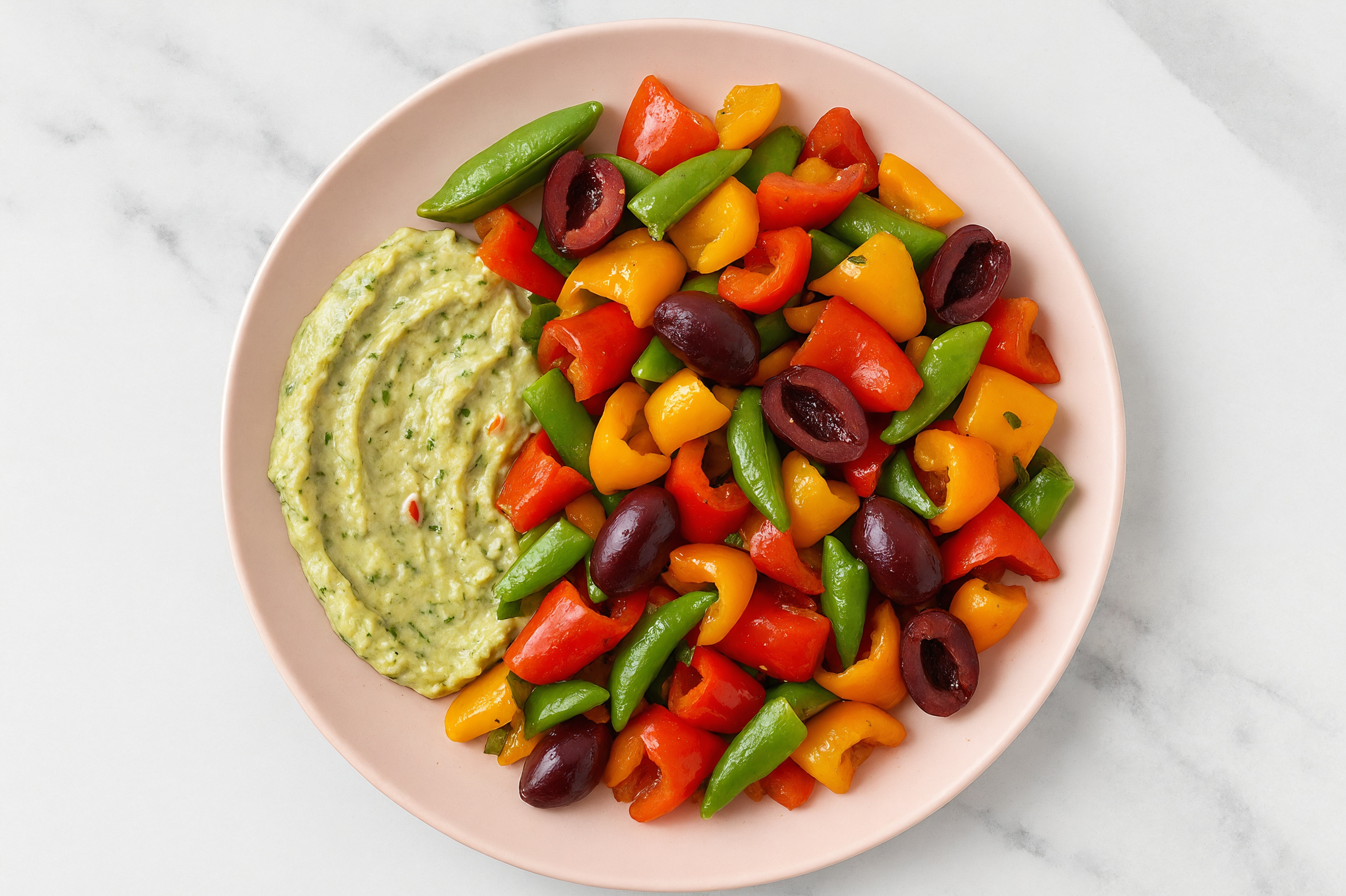 Olive Sweet Pepper Snap Pea Bowl over Spinach Artichoke Dip