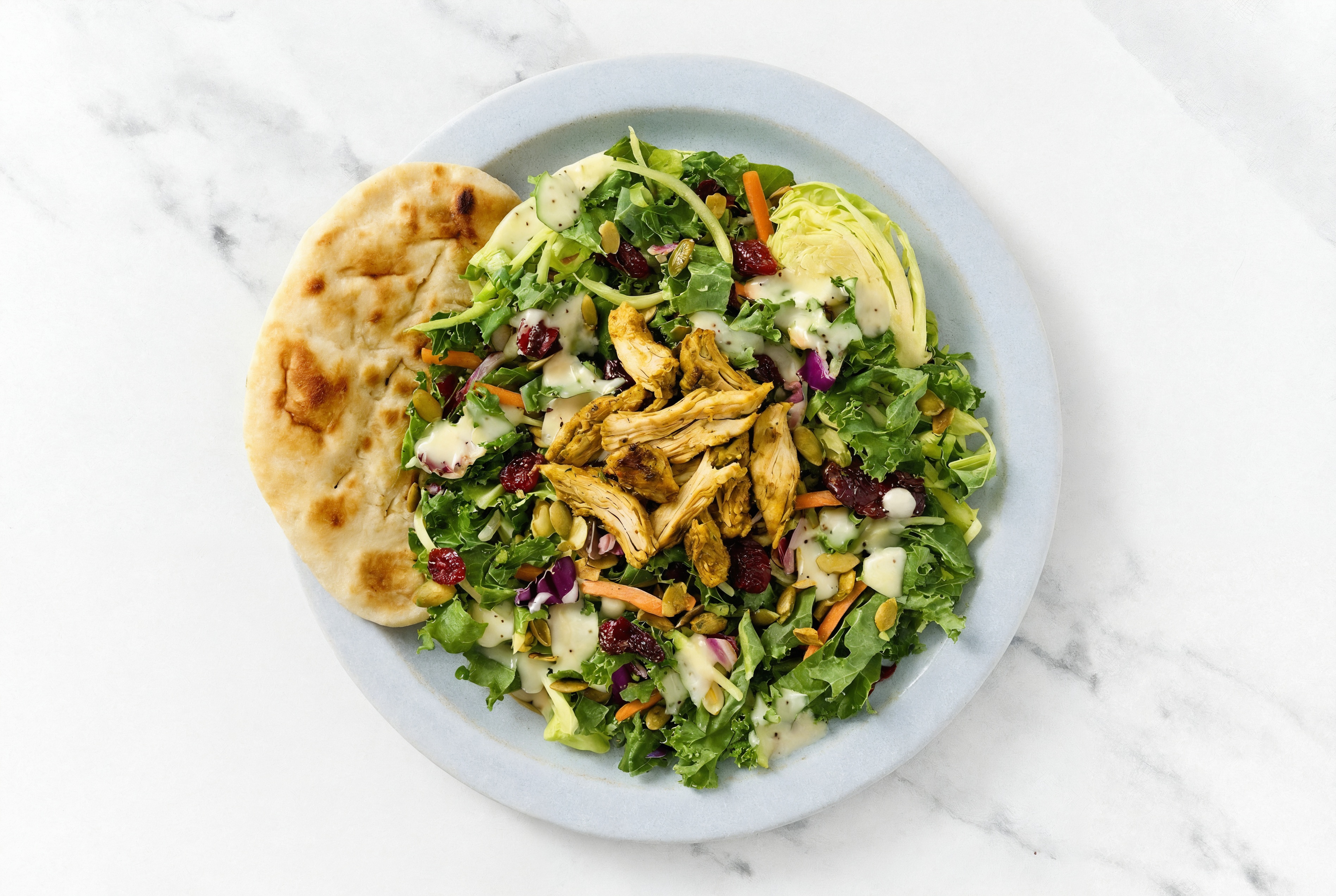 Sweet Kale Salad with Shawarma Chicken + Traditional Naan