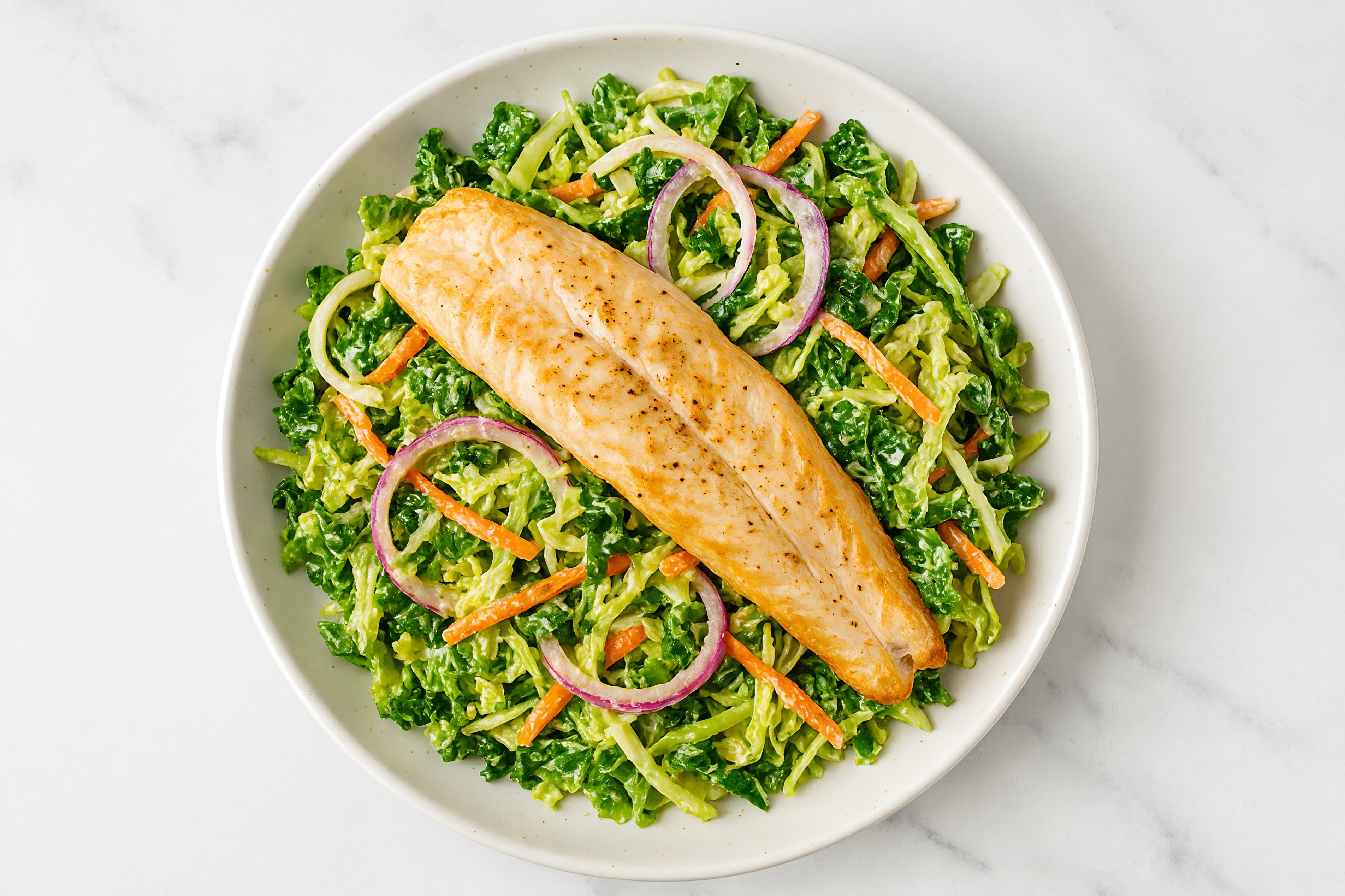 Superblend Salad with Trout, Onion & Creamy Caesar Dressing