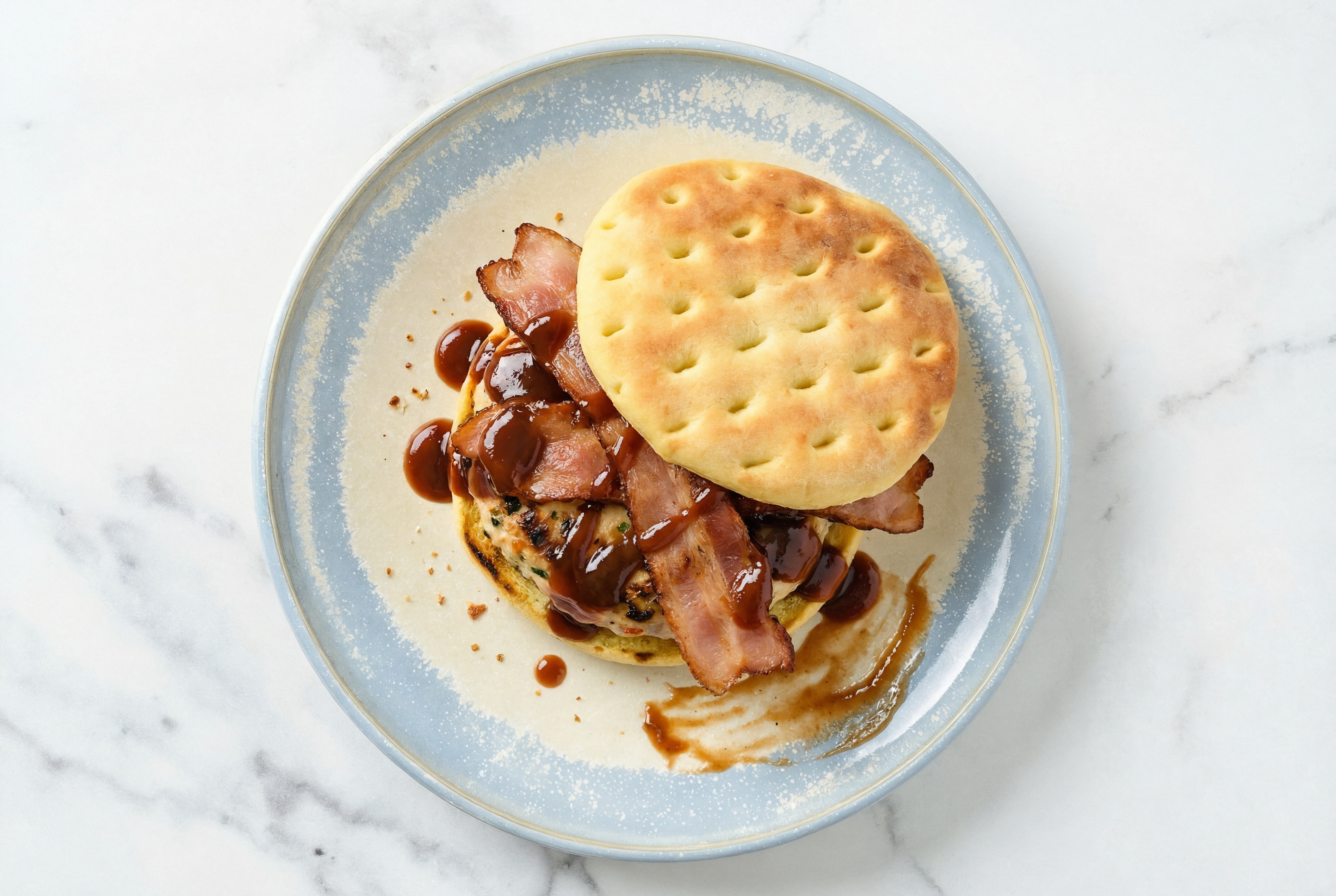 Garlic Chicken Burger on Brioche Thin Buns with BBQ & Turkey Bacon