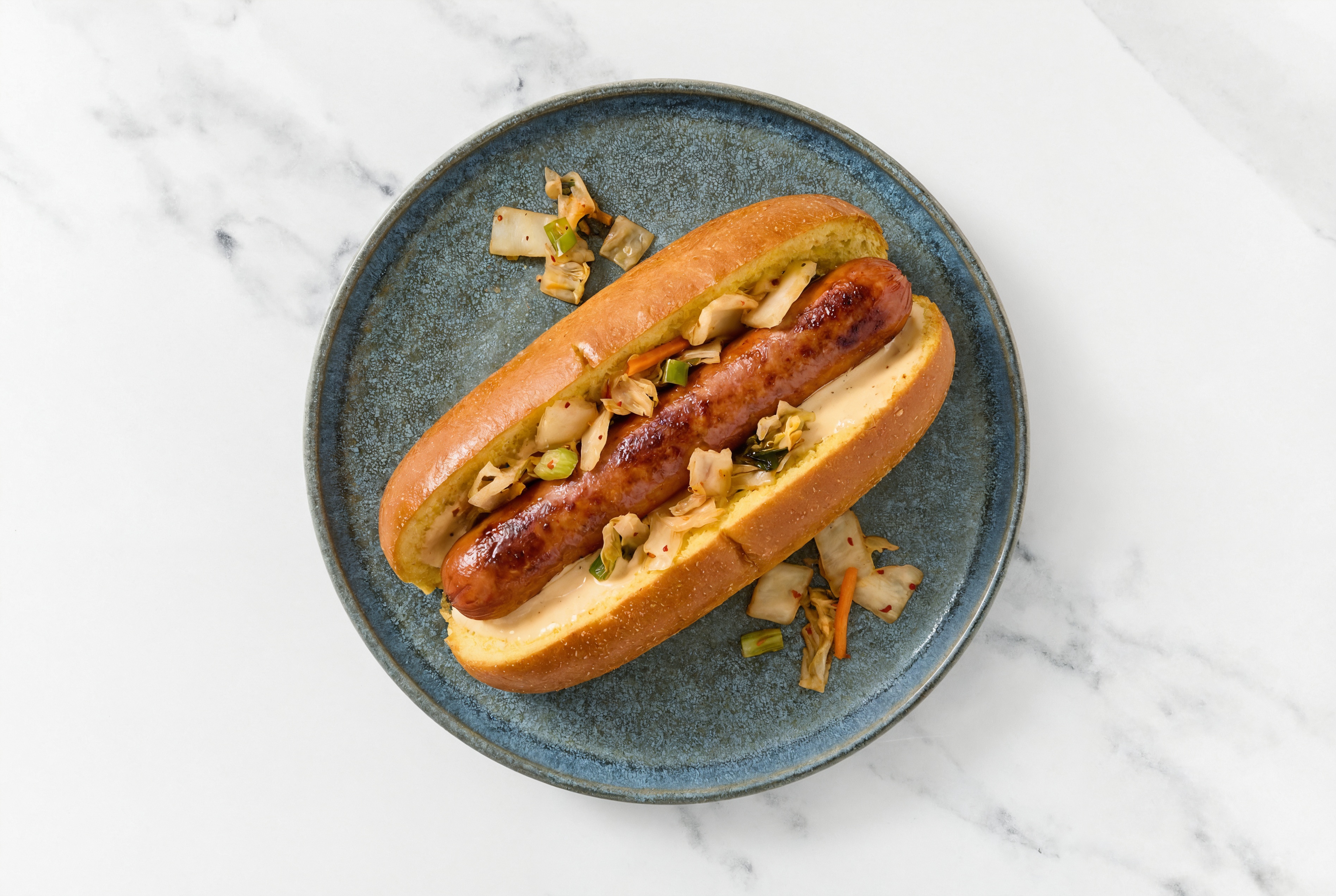 Kimchi Beef Hot Dog with Awesome Sauce on Brioche