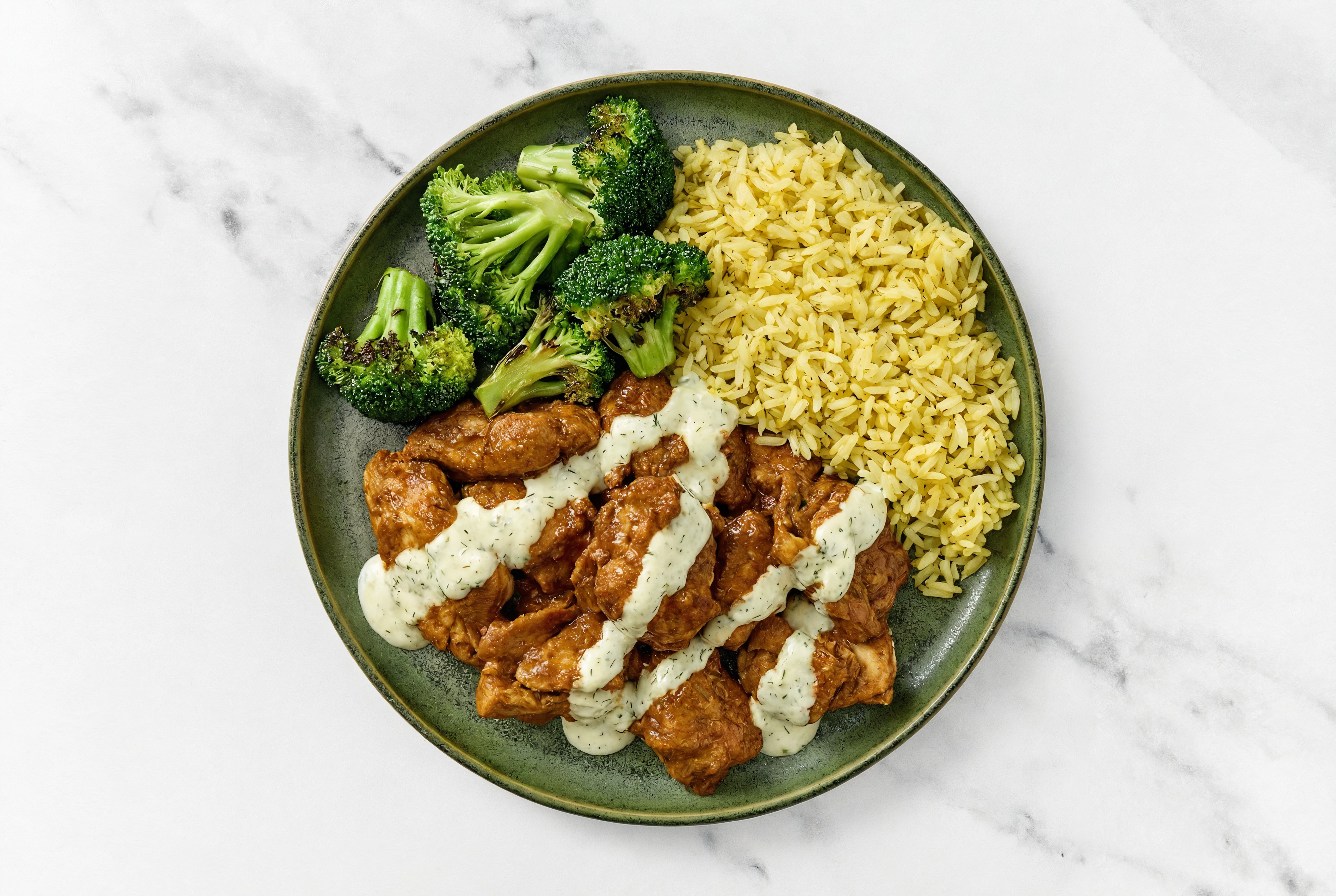  Creamy Dill Tandoori Chicken Rice Bowl with Broccoli Florets