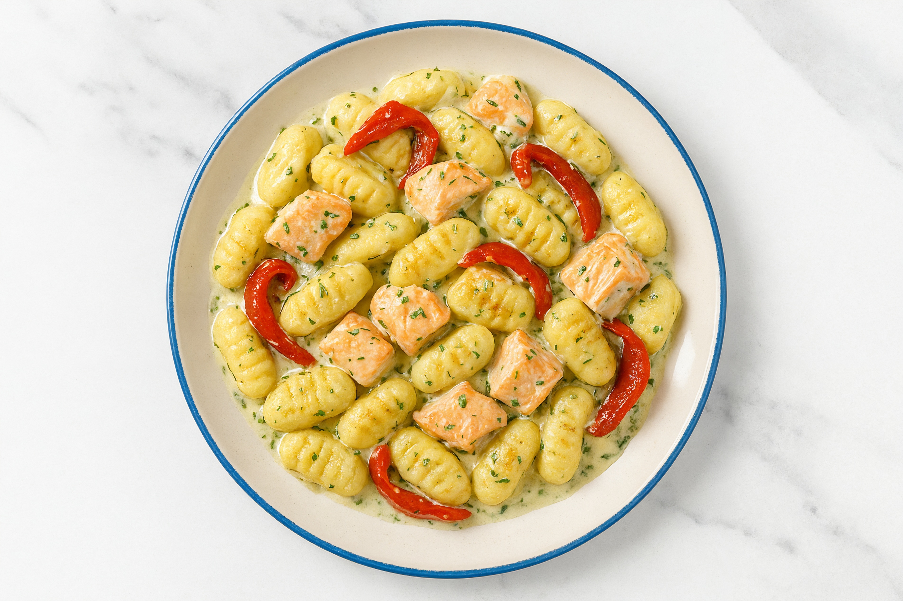 Herby Salmon Gnocchi with Roasted Peppers