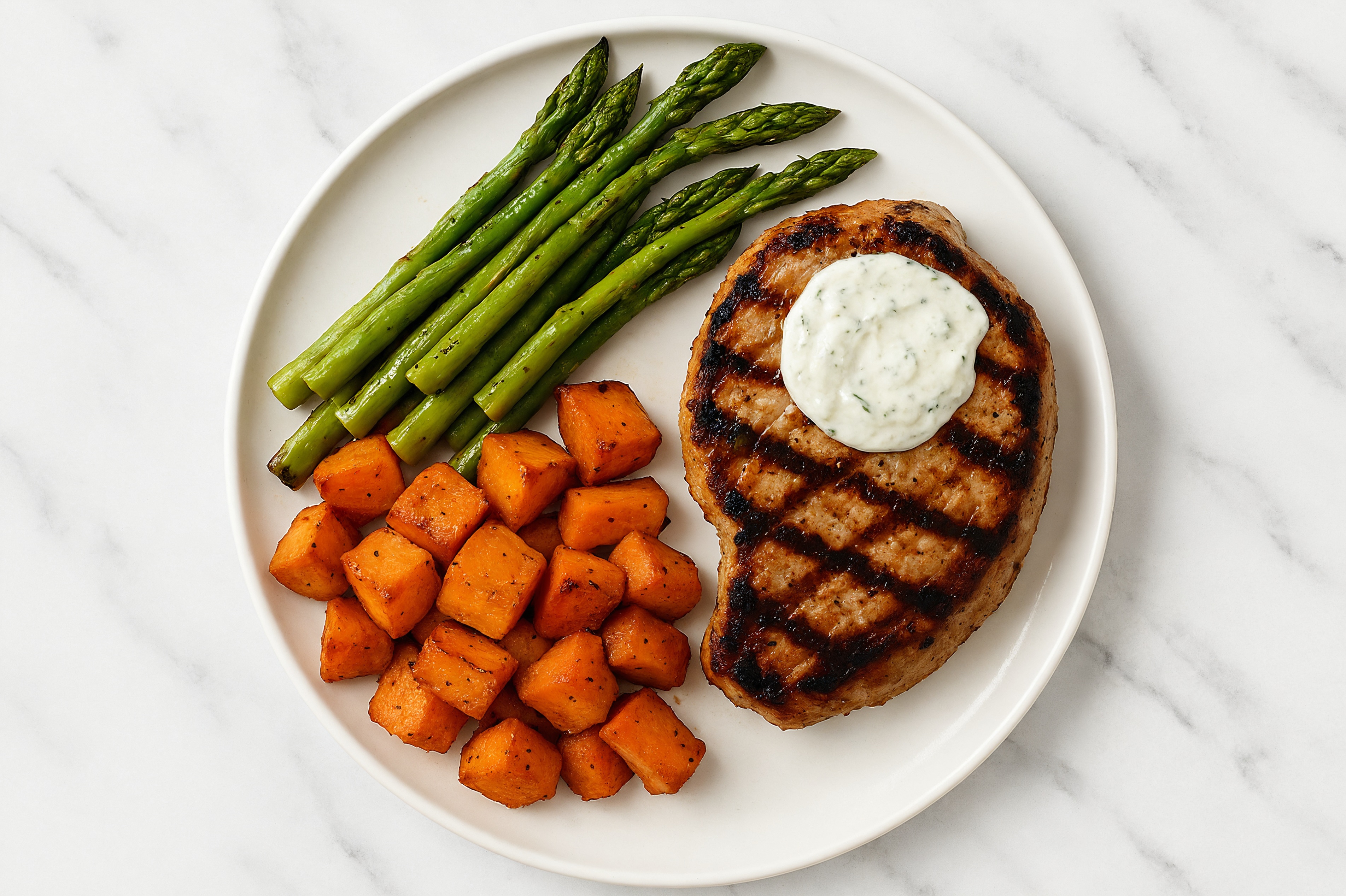 Herby Grilled Pork Chops + Asparagus Spears with Feta Cucumber Tzatziki Dip