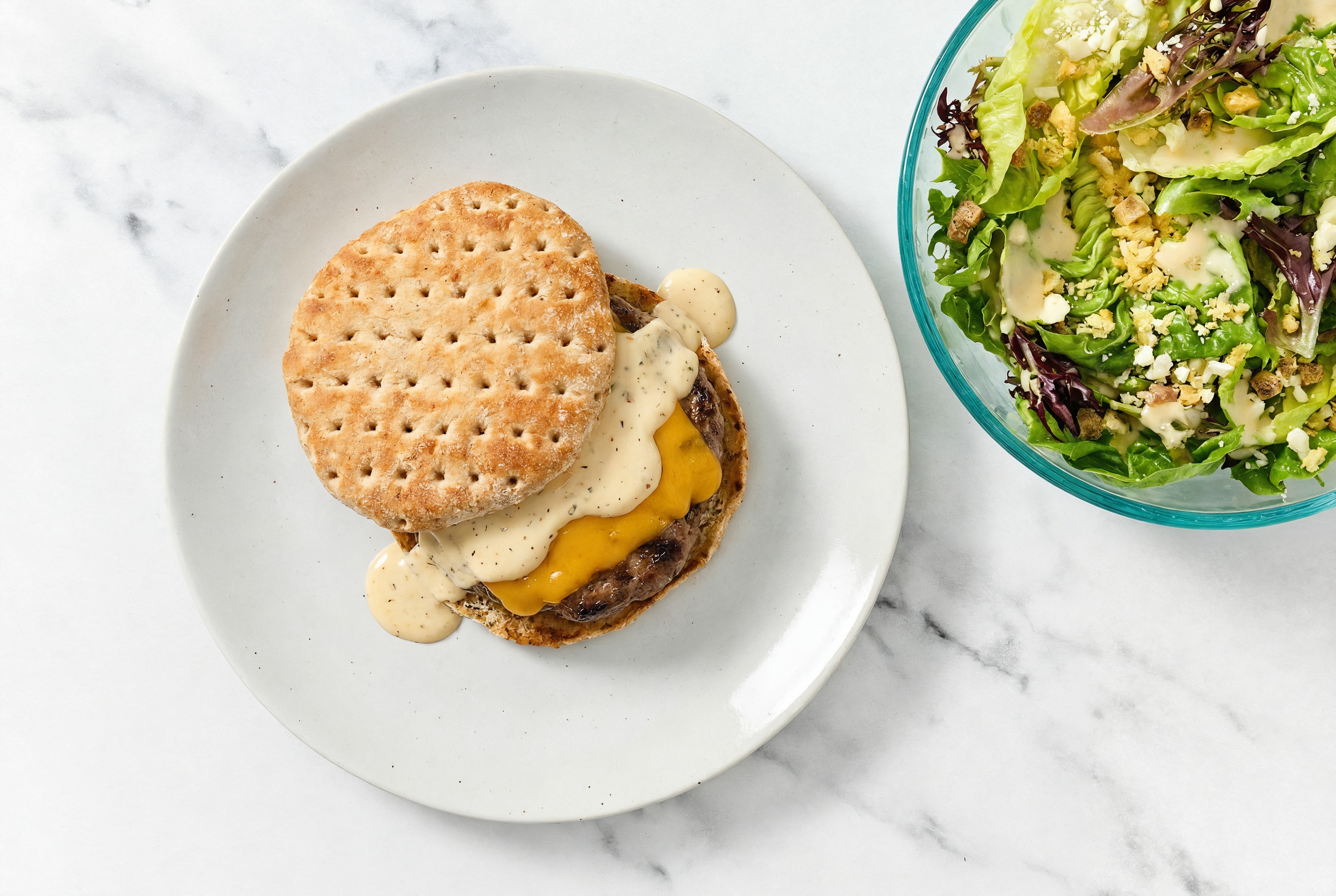 Herby Buffalo Ranch Cheddar Burger + Little Gem Salad with Ground Beef Patties