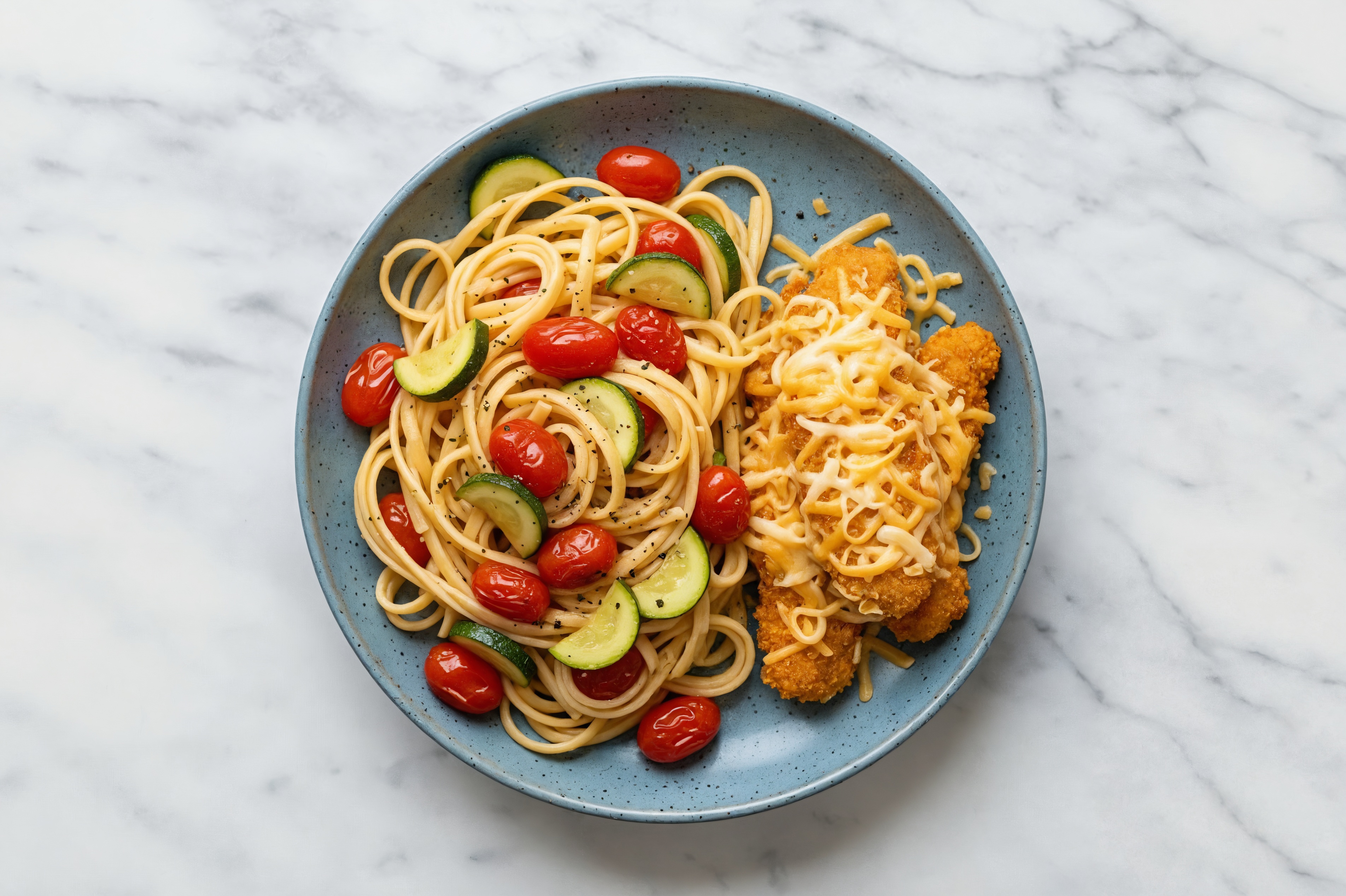 Linguine + Chick'n Tenders with Zucchini + Vegan Cheese