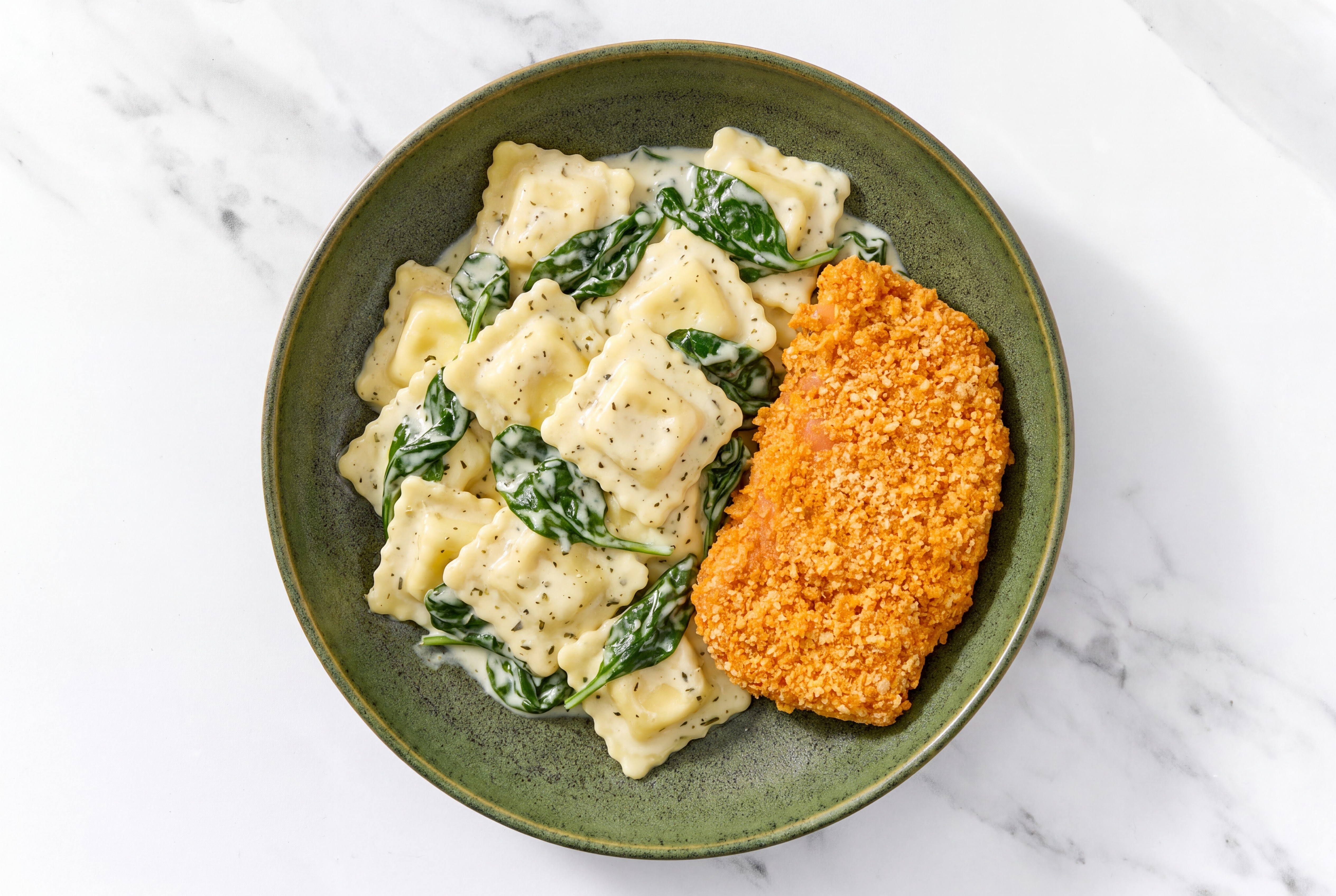 Crispy Hot Honey Chicken over Creamy Ravioli with Baby Spinach