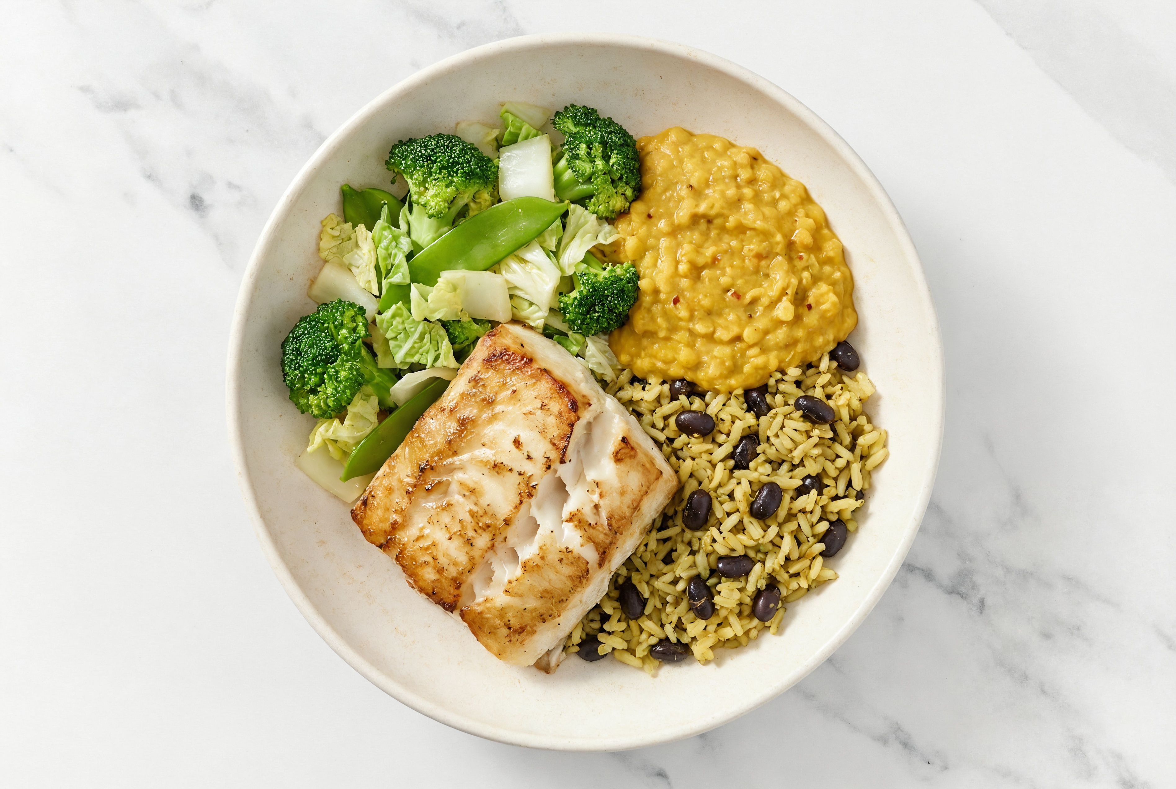 Seared Barramundi + Bok Choy Red Lentil Bowl with Seasoned White Rice + Black Beans