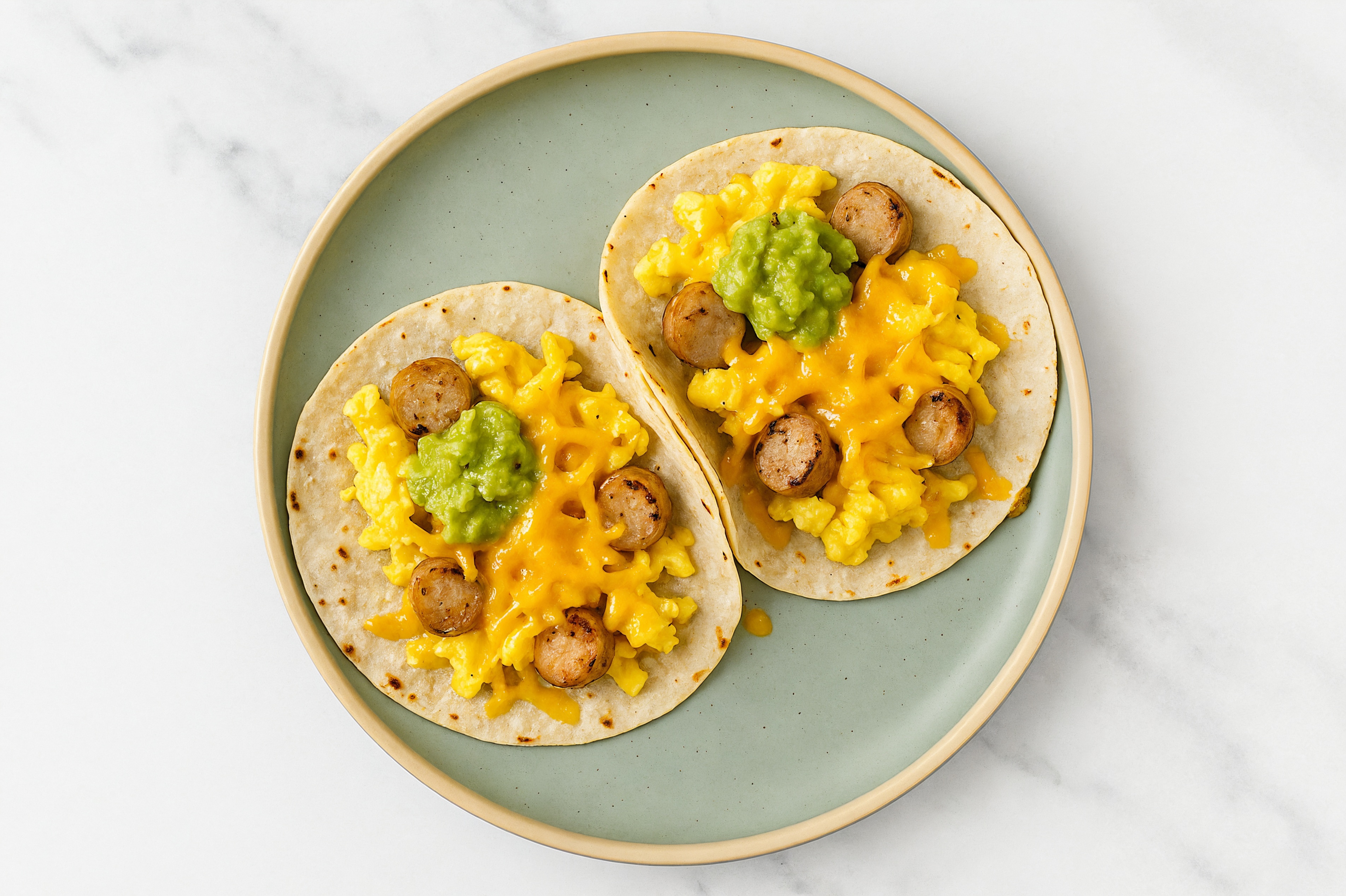 Cheesy Breakfast Tacos with Chicken Sausage with Sharp Cheddar Bar