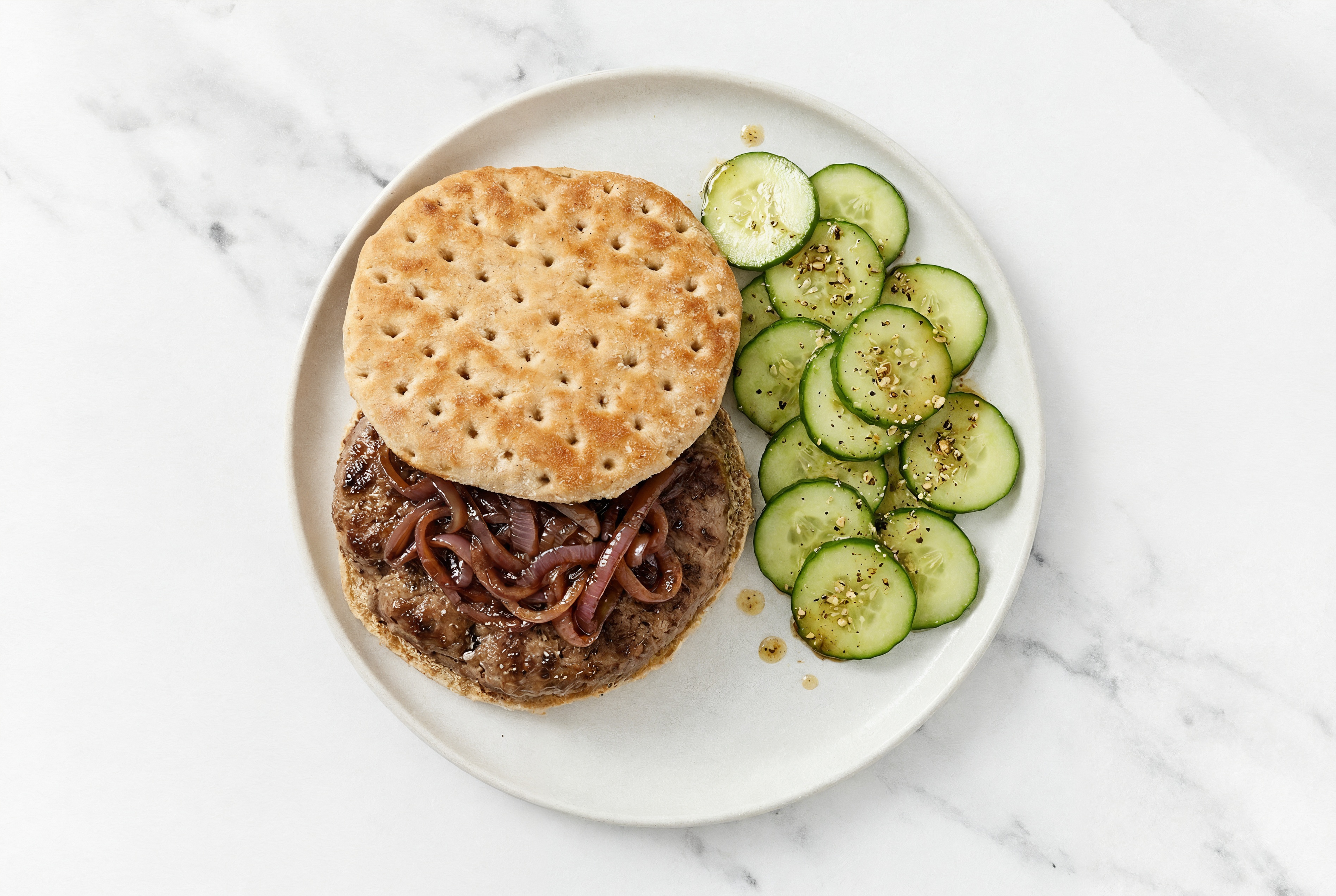 Savory Balsamic Onion Burger + English Cucumber Salad