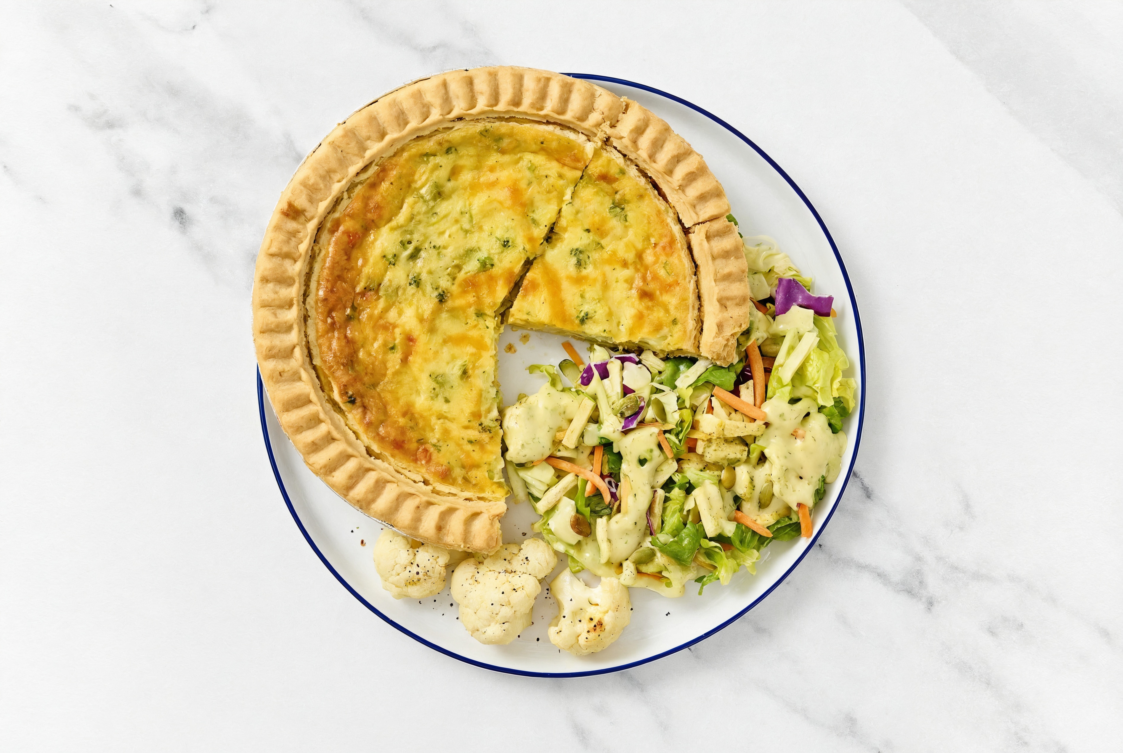 Broccoli & Cheddar Quiche with Cauliflower & Goddess Salad