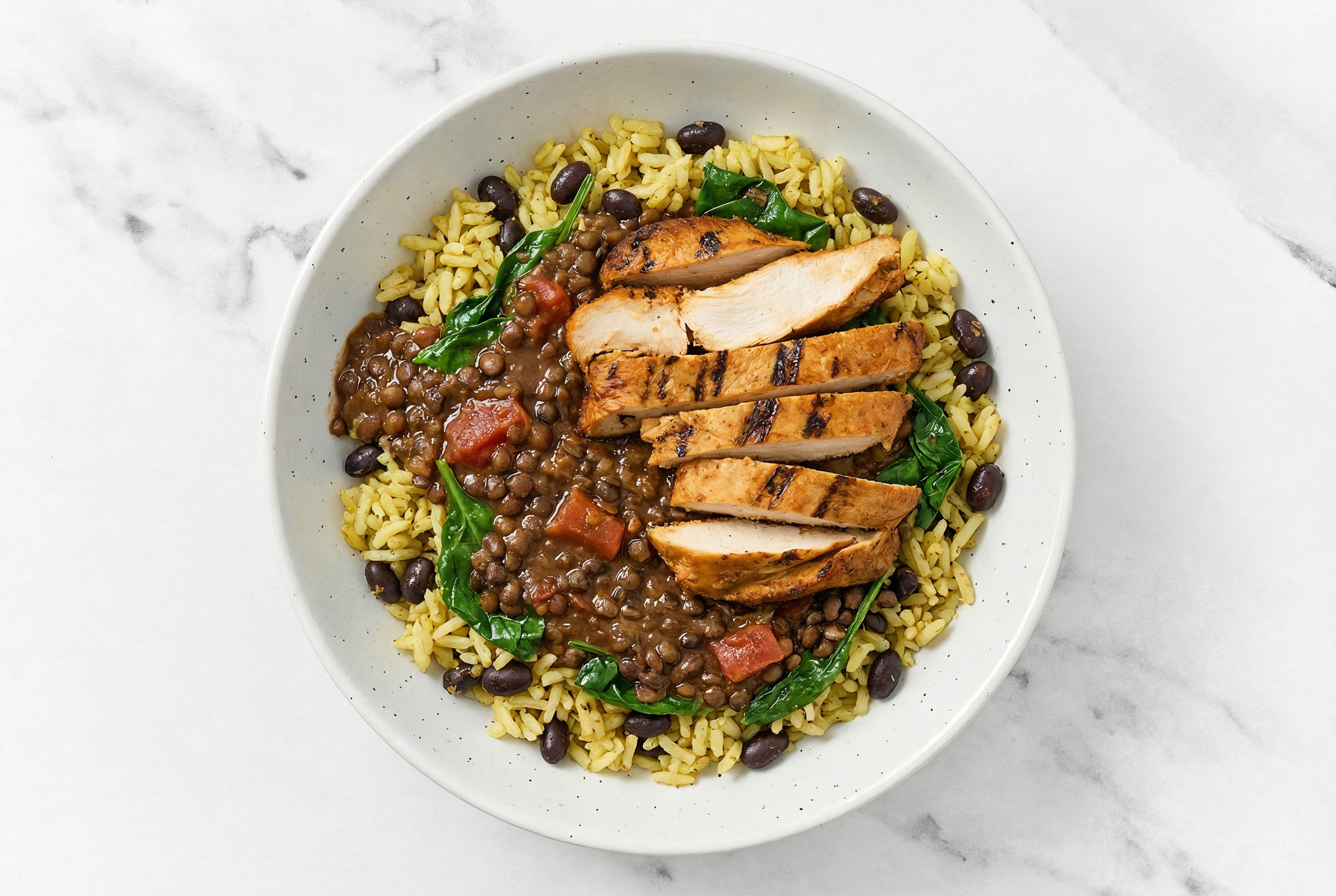 Spicy Chicken + Everyday Dal Bowl with Seasoned White Rice + Black Beans