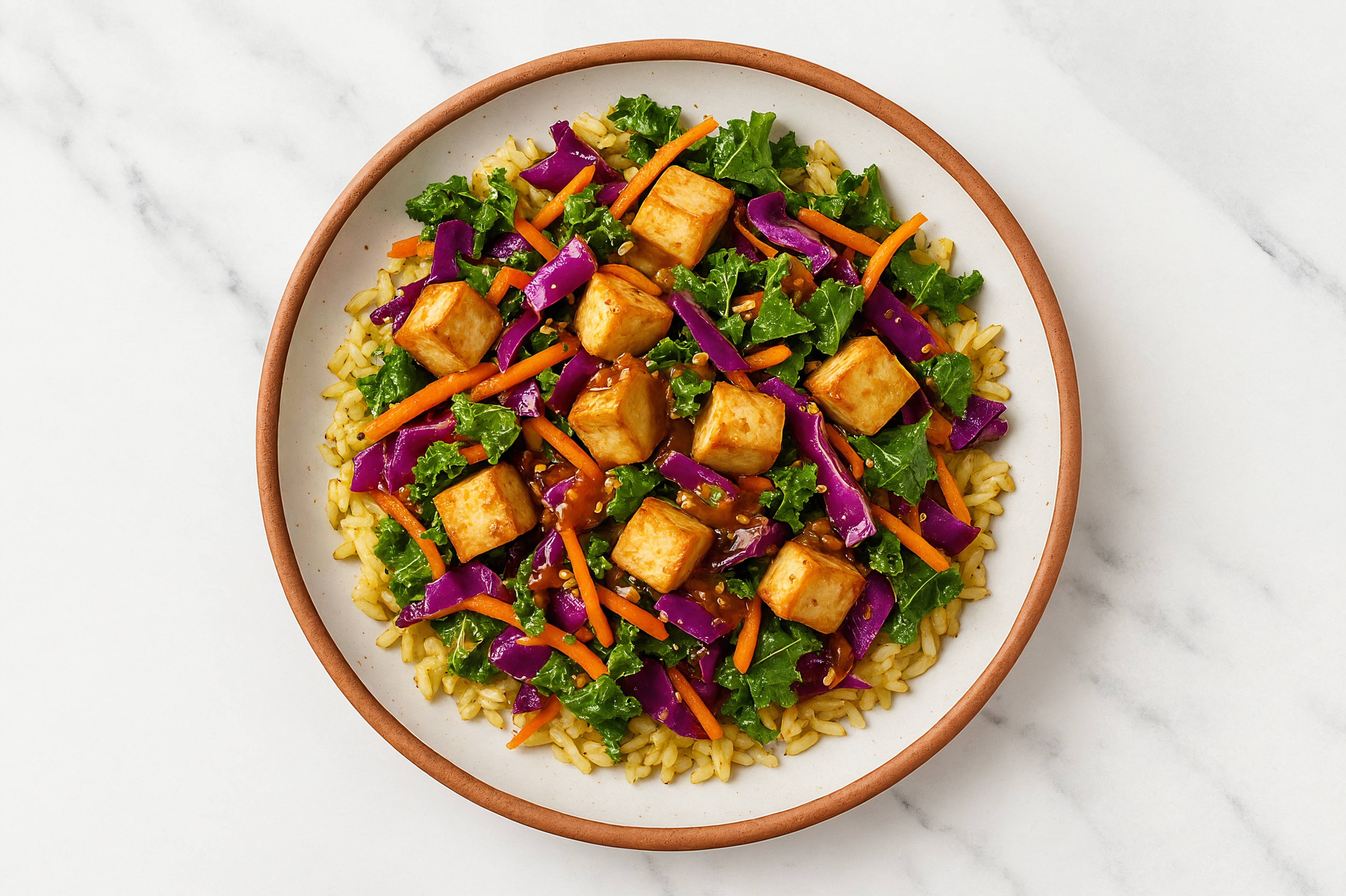 Gingery Tofu + Rainbow Veggie Rice Bowl