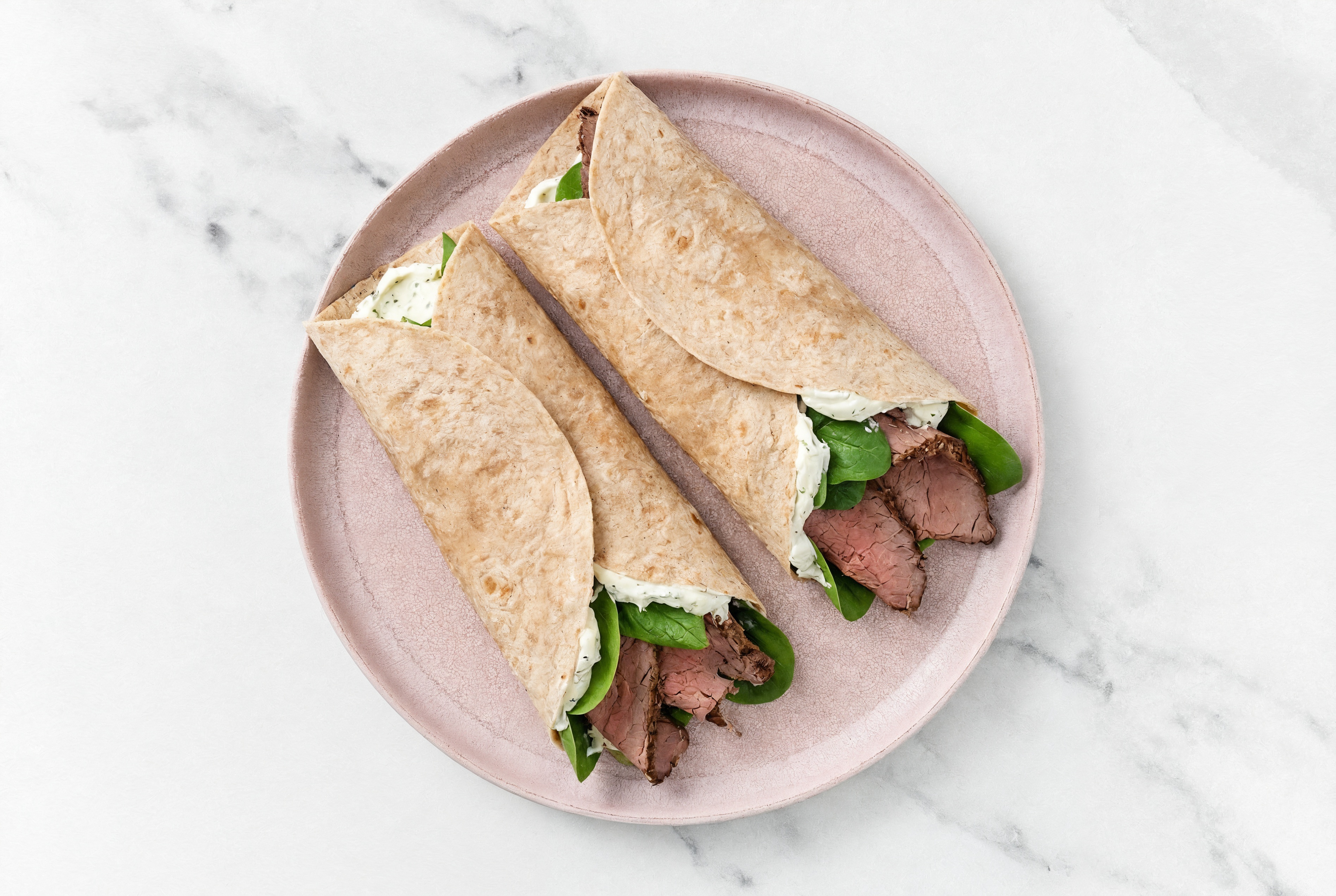 Simplest Roast Beef + Herby Cheese Wrap with Baby Spinach