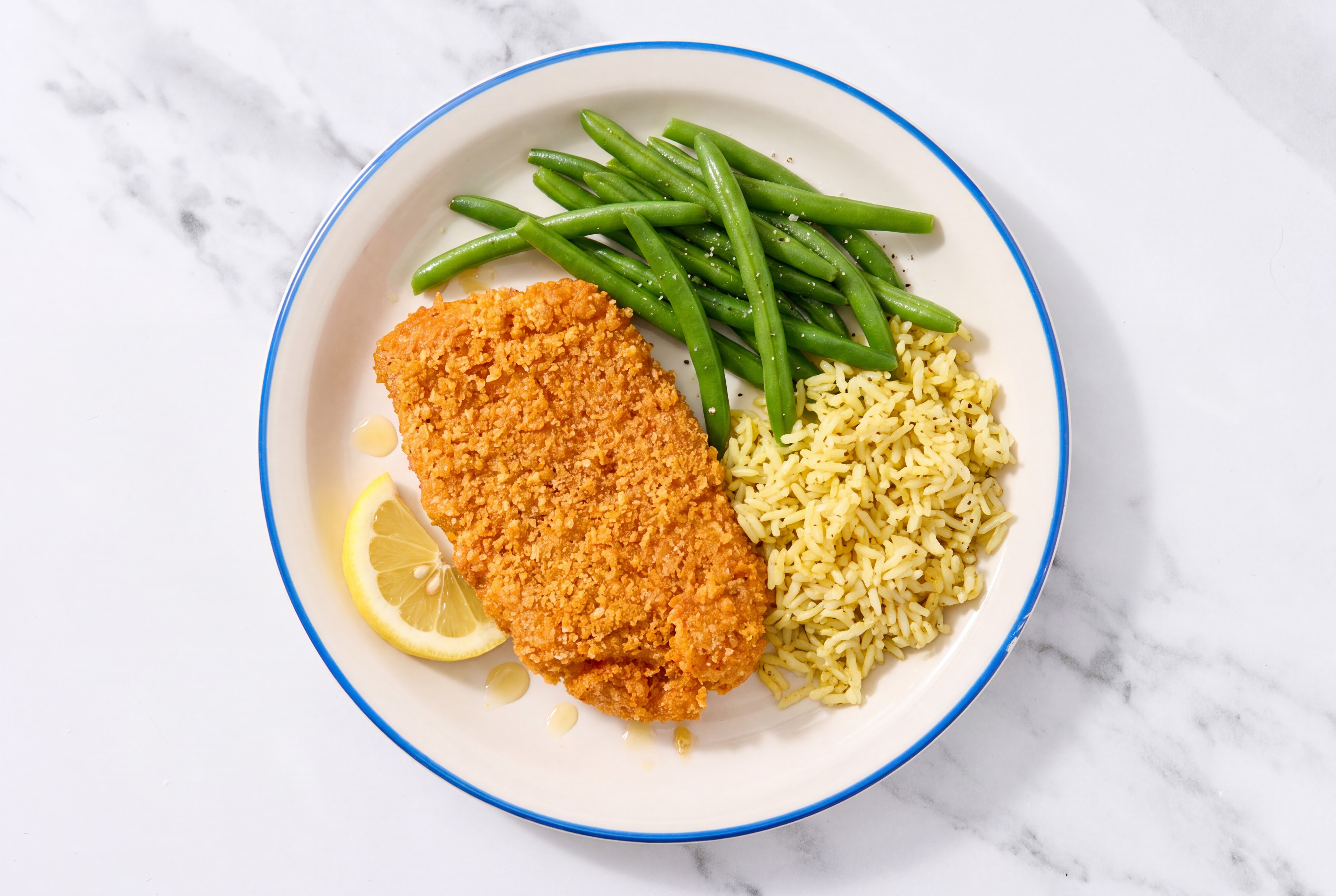 Lemon Hot Honey Breaded Chicken Cutlet with Green Beans & Jasmine Rice