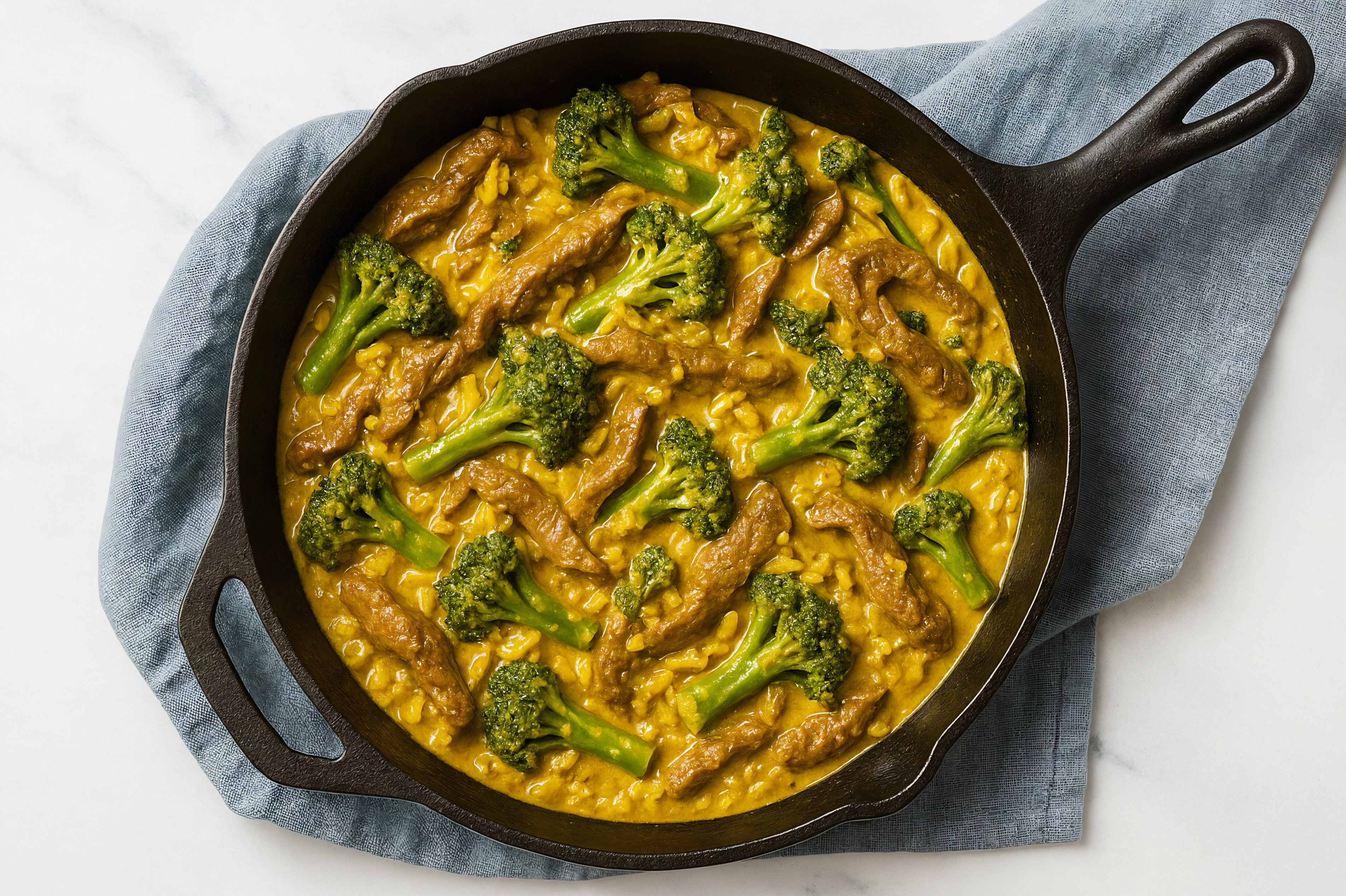 Coconut Curry Beef Strip Stir-Fry with Baby Broccoli over Jasmine Rice