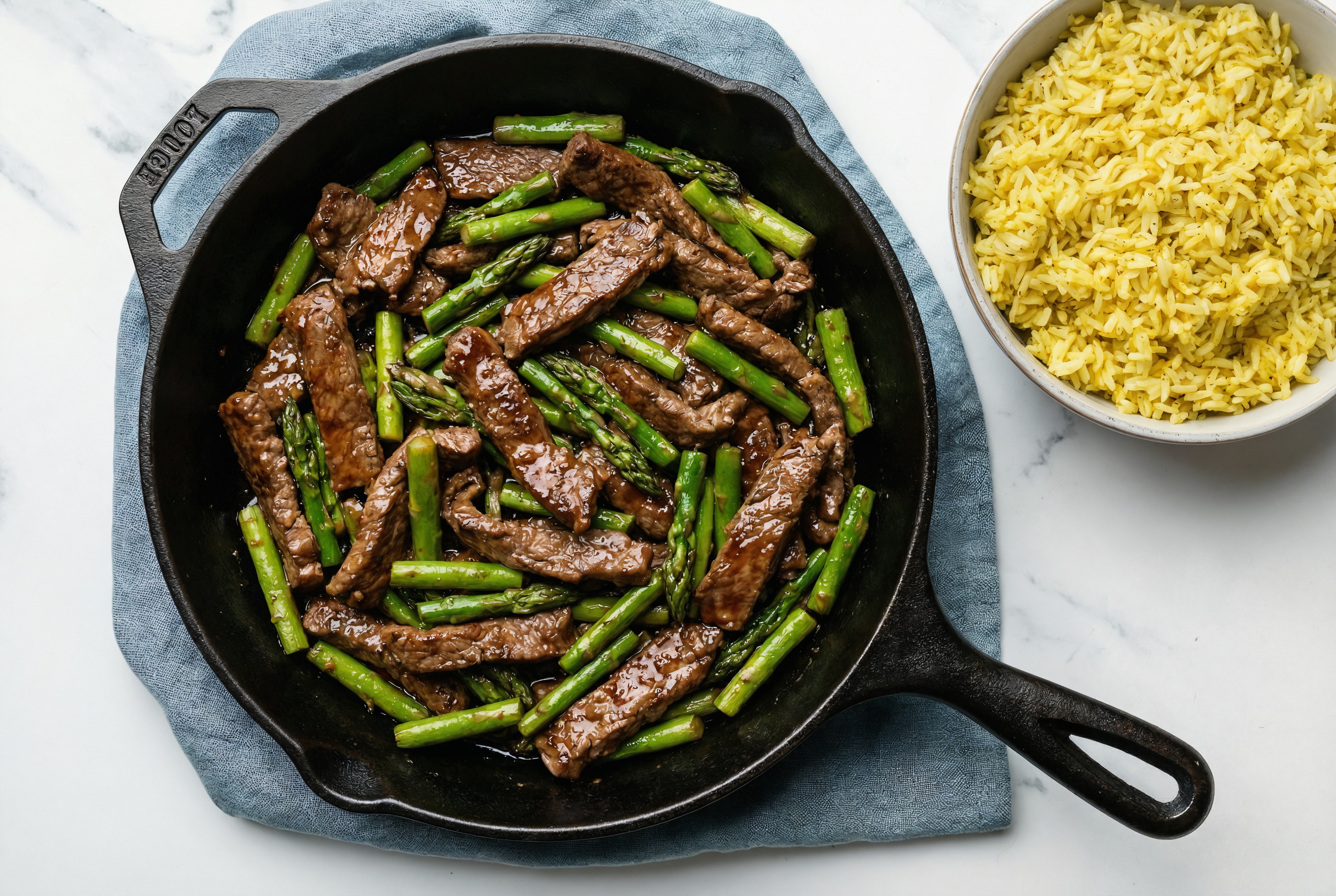Teriyaki Beef Strip Stir-Fry with Asparagus over Jasmine Rice