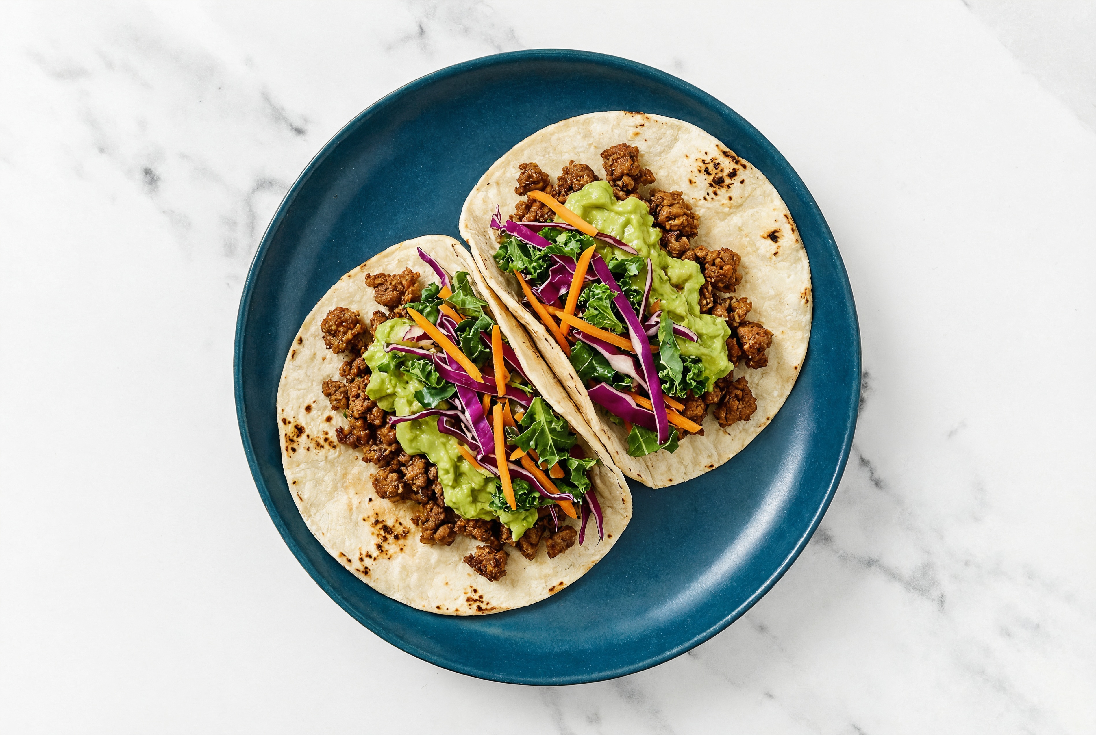 Rainbow Mexican-Style Ground Beef + Guacamole Tostadas