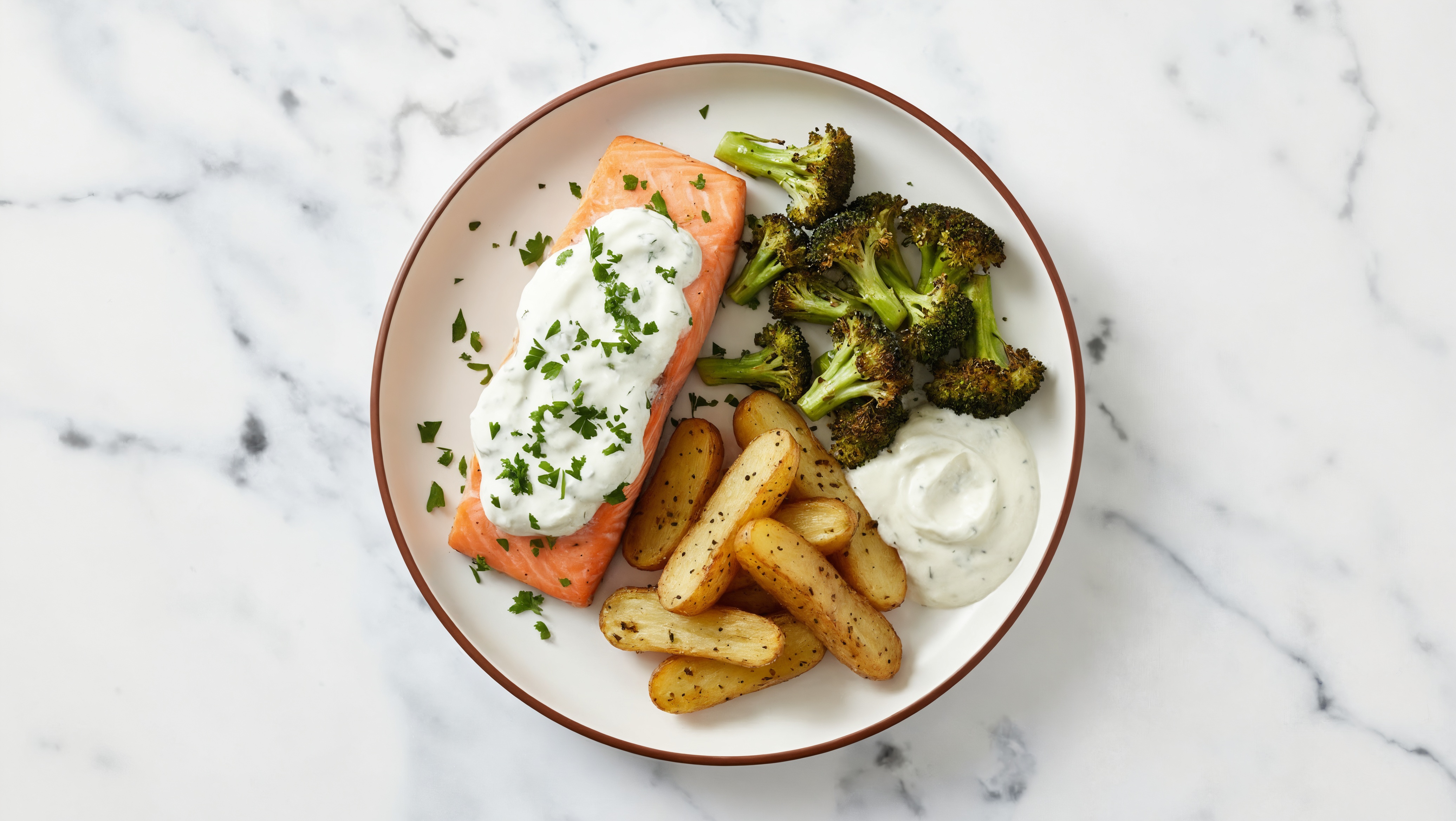 Savory Sheet-Pan Salmon + Veggies with Tzatziki with Broccoli Florets