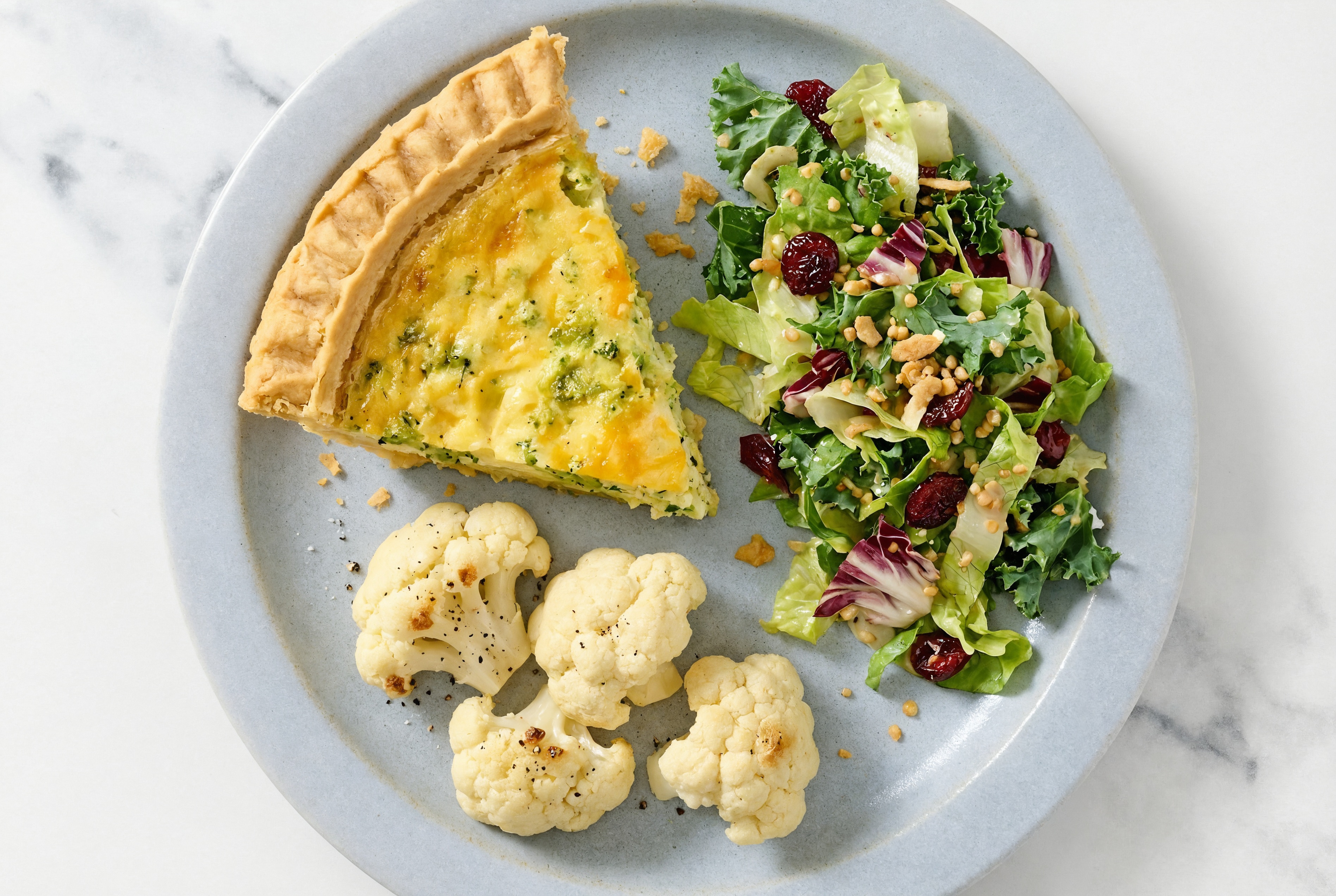 Broccoli & Cheddar Quiche with Cauliflower & Honey Citrus Salad