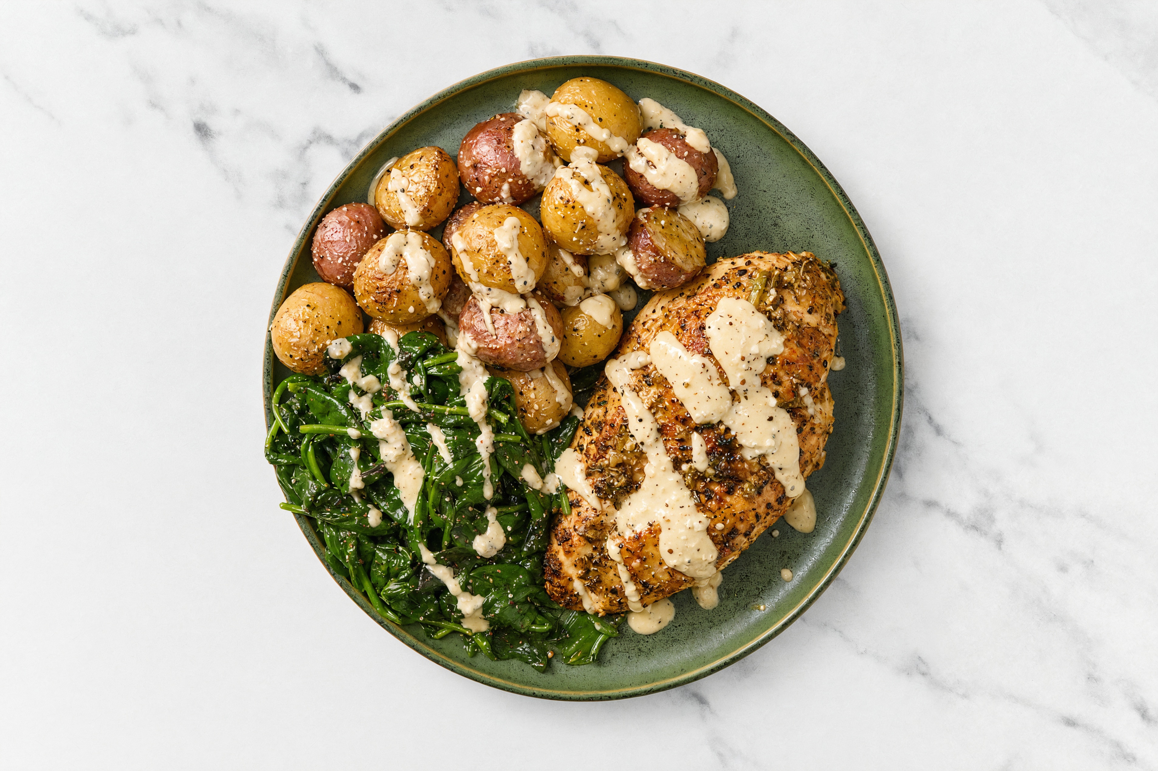 Roast Chicken with Creamy Horseradish Spinach + Potatoes